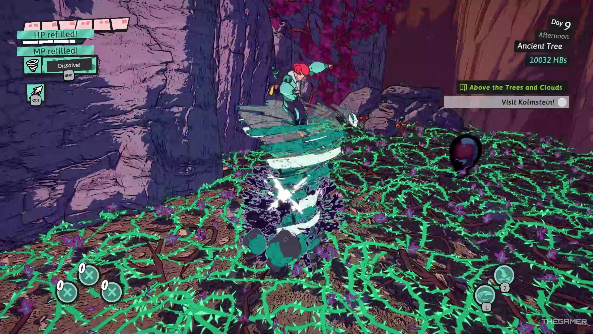 Luisa navigating a thorny floor using the Whirlwind spell in Dungeons of Hinterberg.