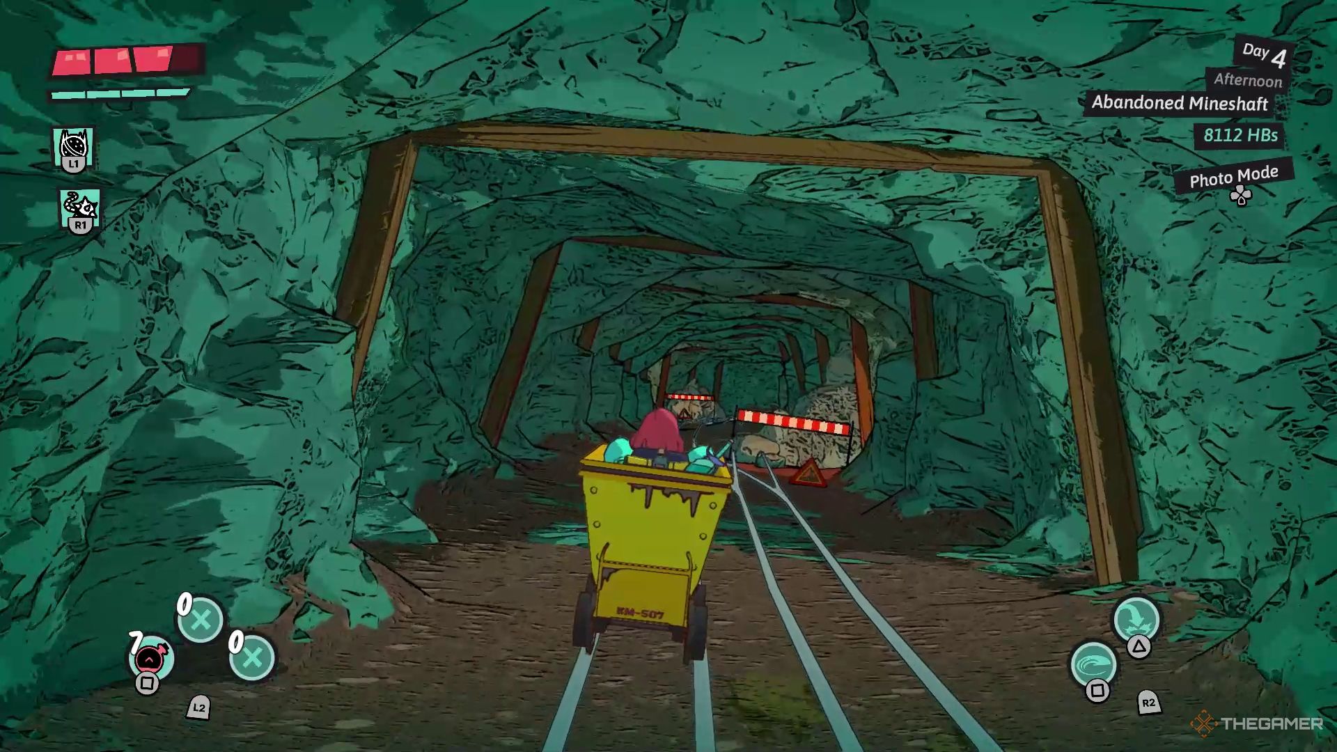 Luisa riding the minecart across obstacles in the Abandoned Mineshaft in Dungeons of Hinterberg.