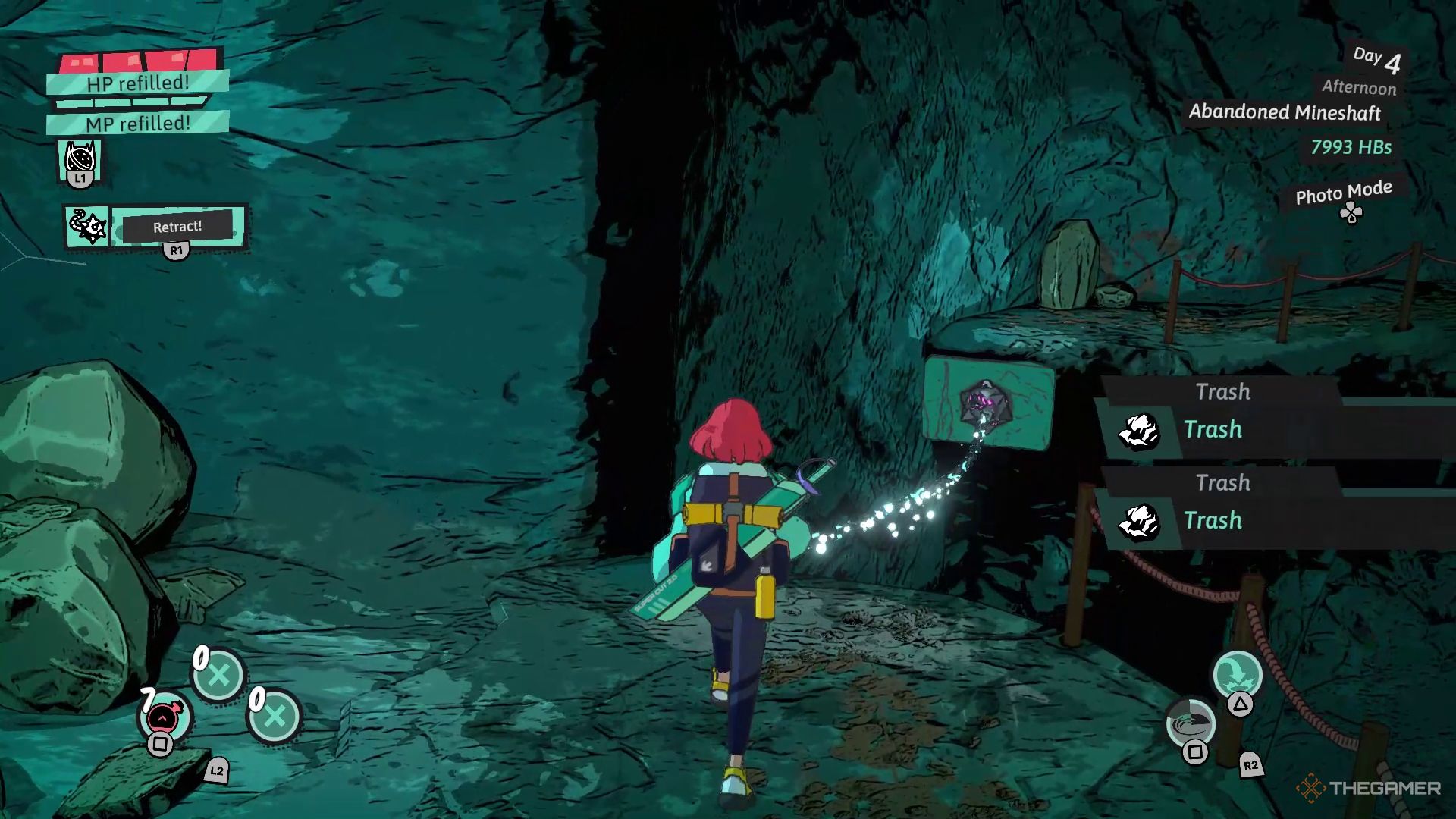 Luisa using her Ball and Chain ability to create a bridge in Dungeons of Hinterberg.