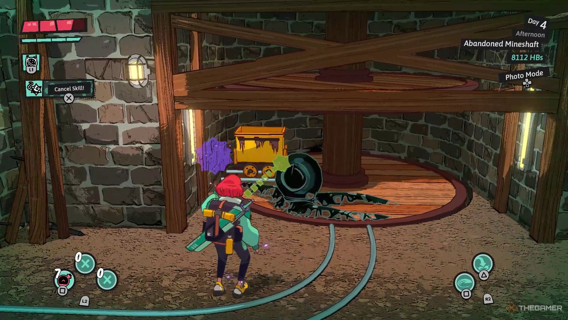 Luisa using her Ball and Chain to set the minecart on the rail track in Dungeons of Hinterberg