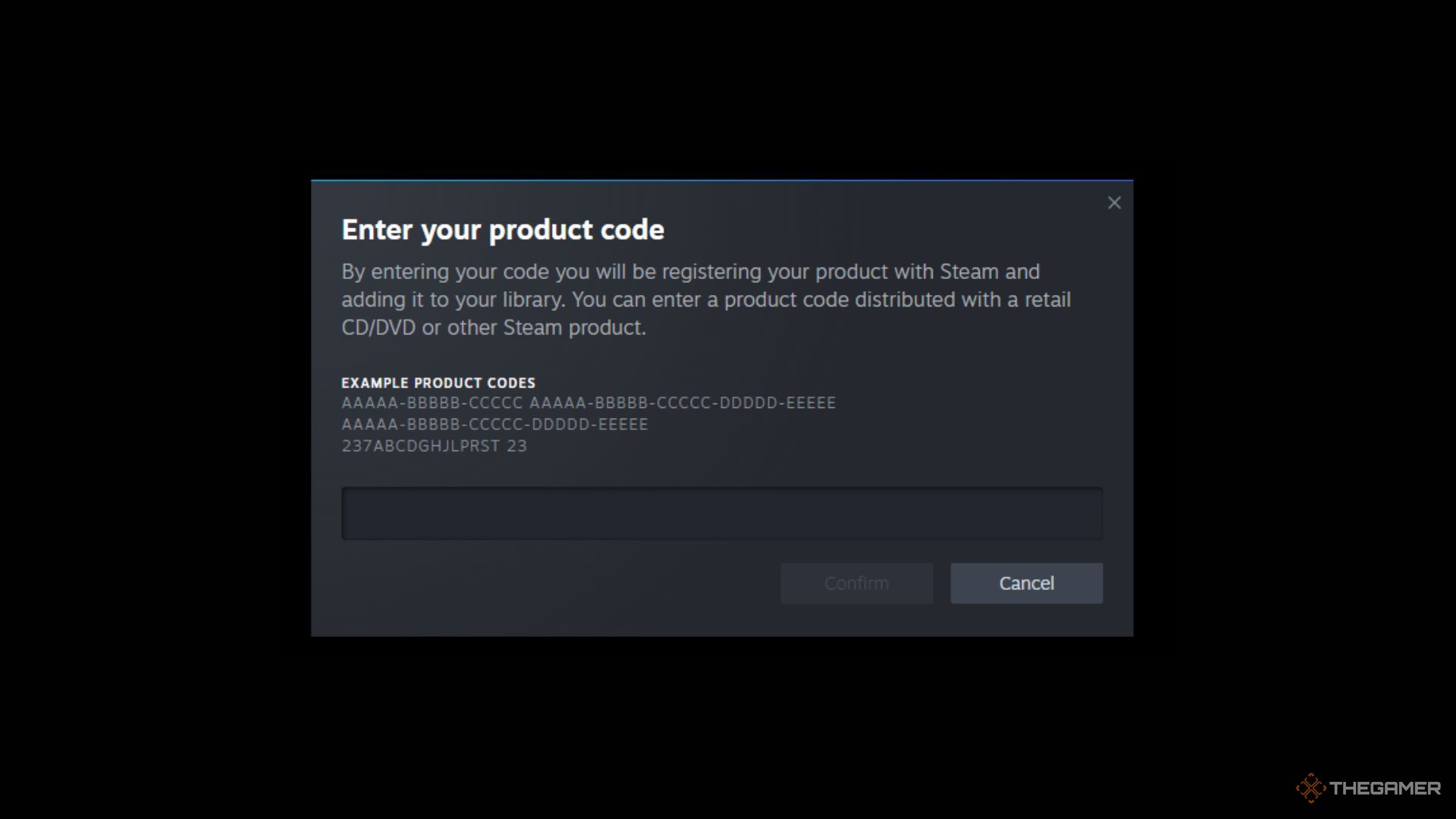 A screenshot showing how to enter a product code into Steam.