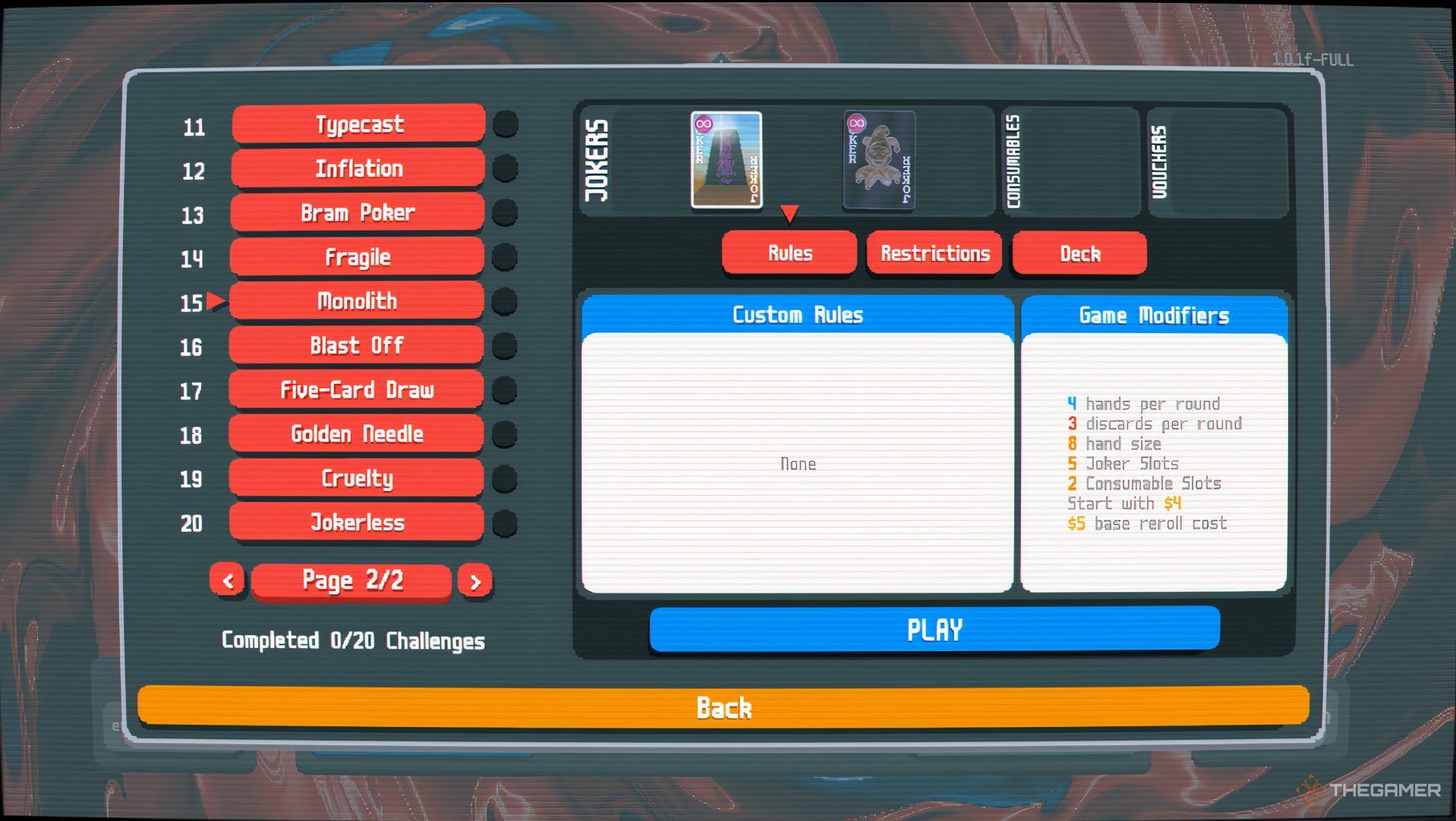 a screenshot of the Challenge Mode menu selection in Balatro, highlighting the challenge Monolith
