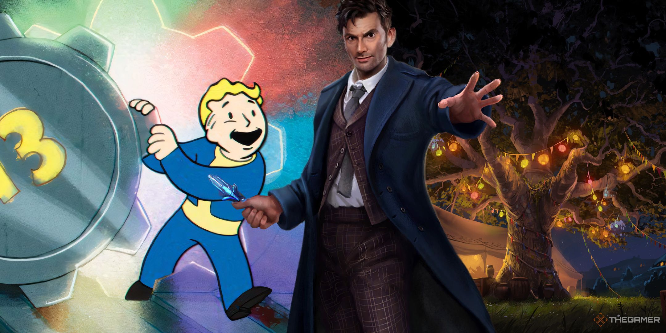 Vault Boy and the Fourteenth Doctor from MTG: Universes Beyond
