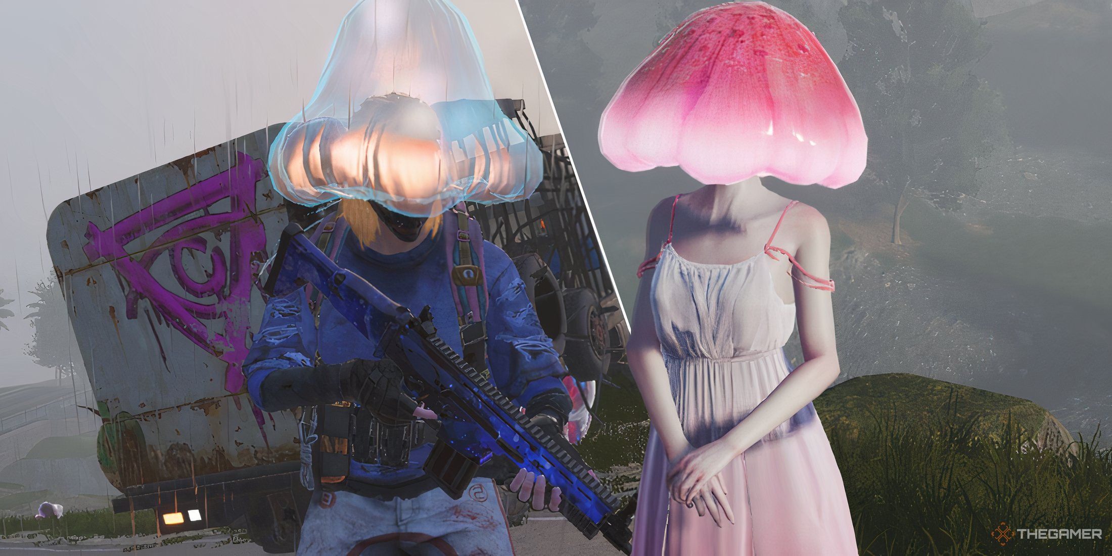 A Once Human player with a jellyfish creature on their head with a split image of Nisa. 