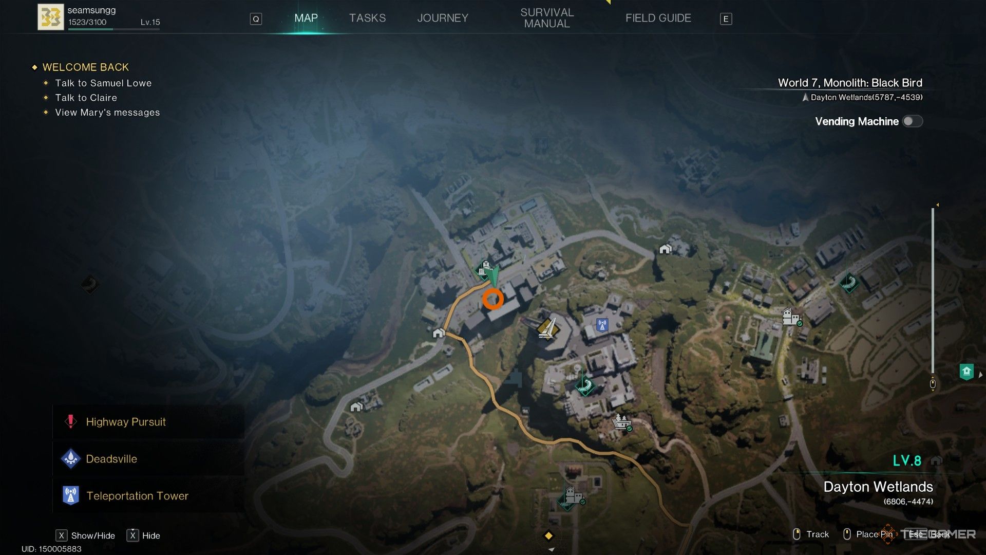 Map of the region, with an orange circle near some buildings.