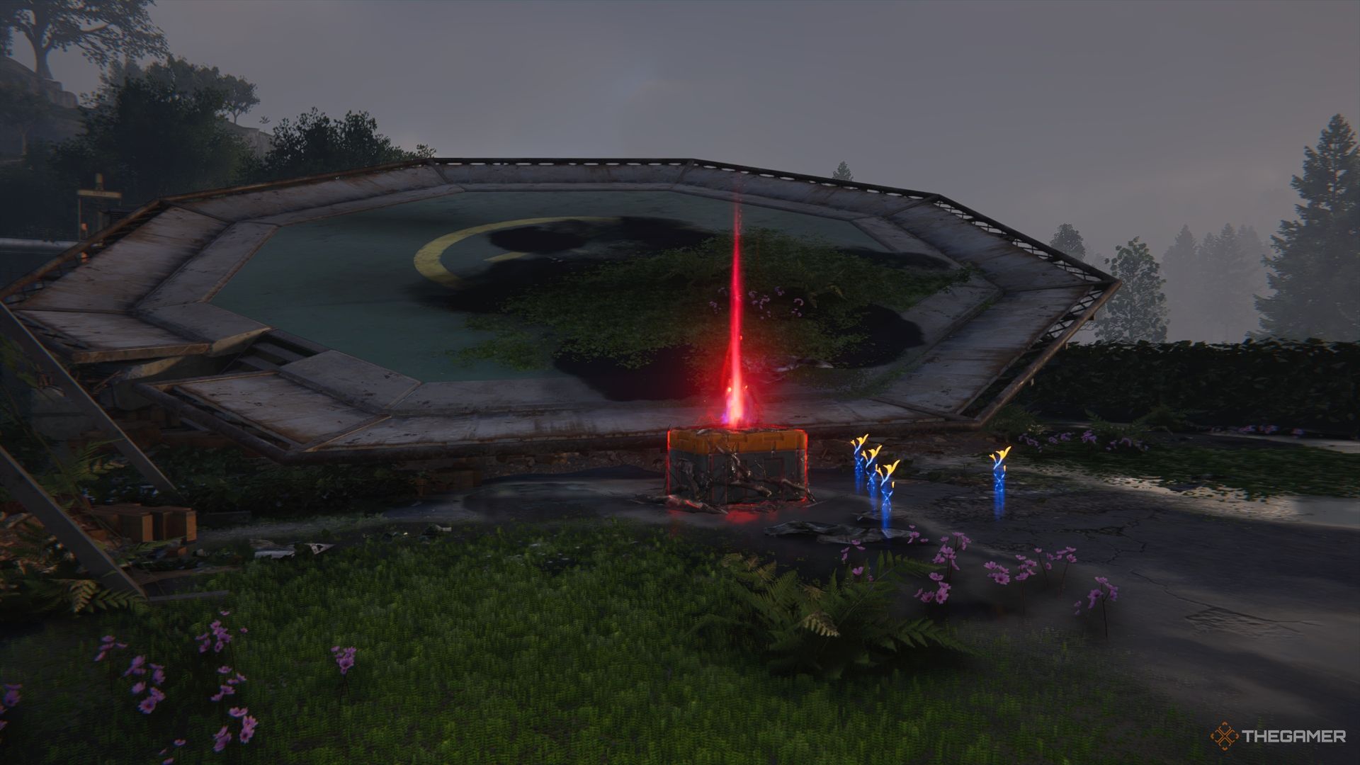 Red, glowing crate on a rooftop.