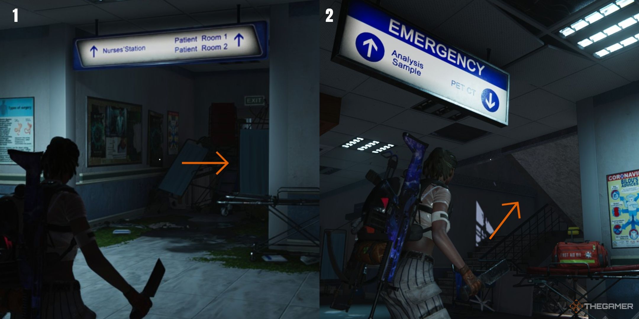 Hospital interior showing a blocked hallway and dark stairs.