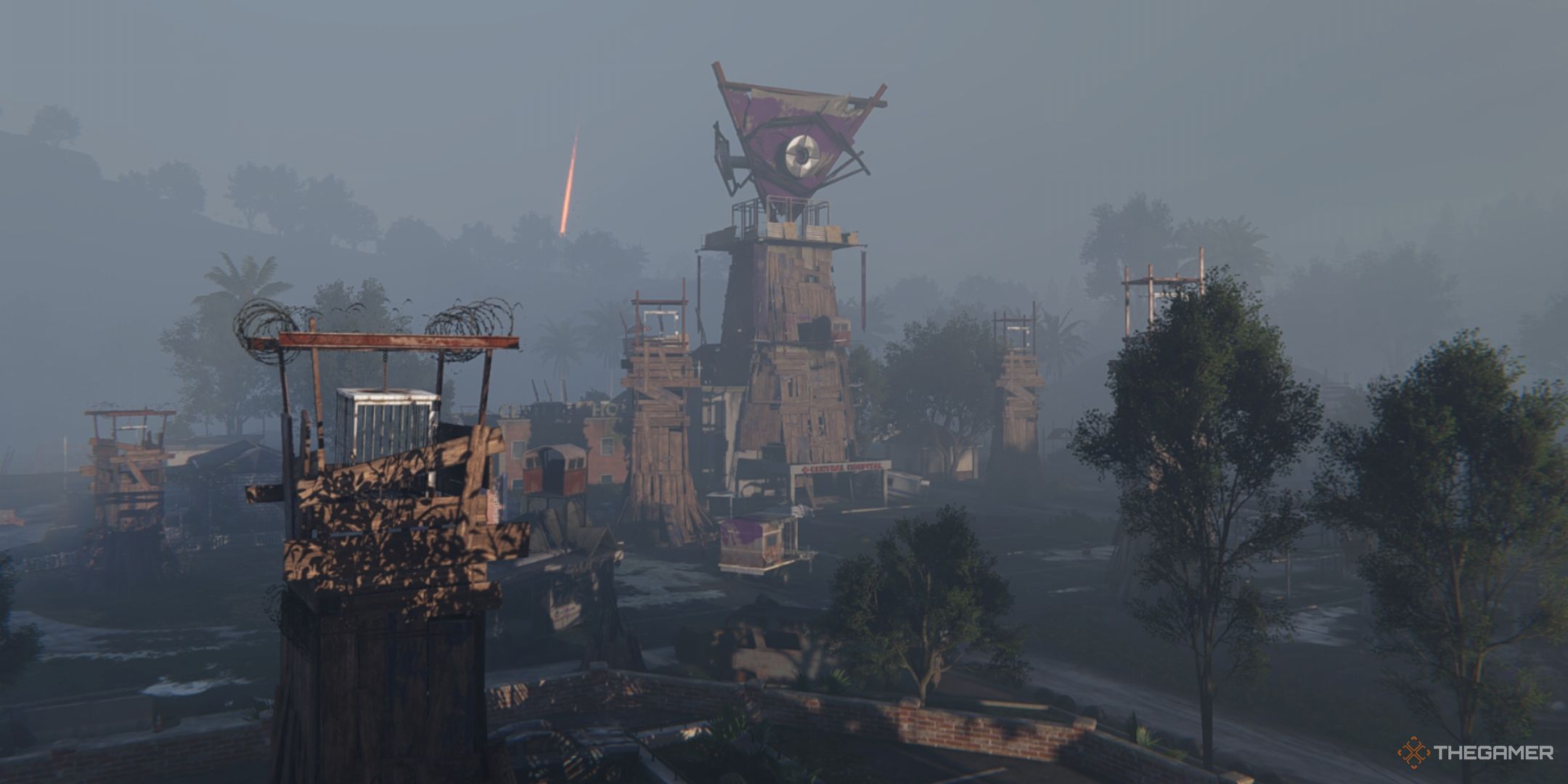 A photo of Once Human's Coastside Plaza Central with the Hospital In The Distance.