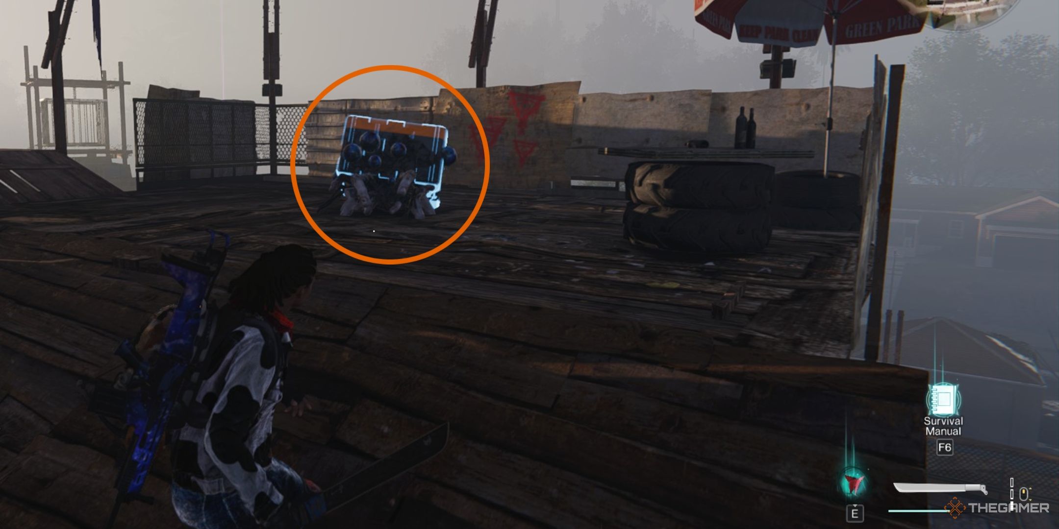 Once Human_ Player In Front of Morphic Crate with Orange Circle Around It