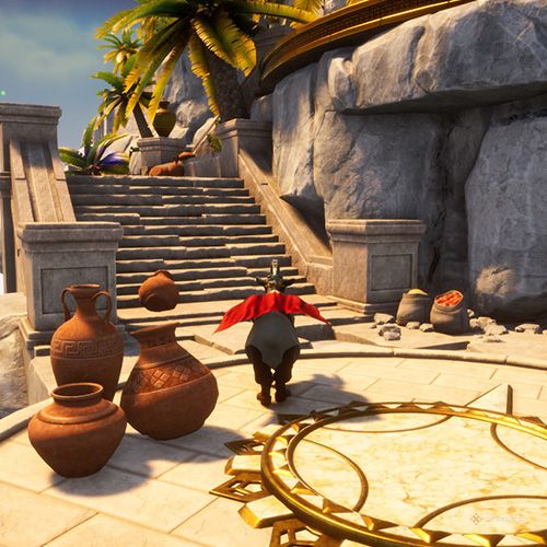 Pilgor is standing on area with vases in Goat Simulator 3 Multiverse of Nonsense.