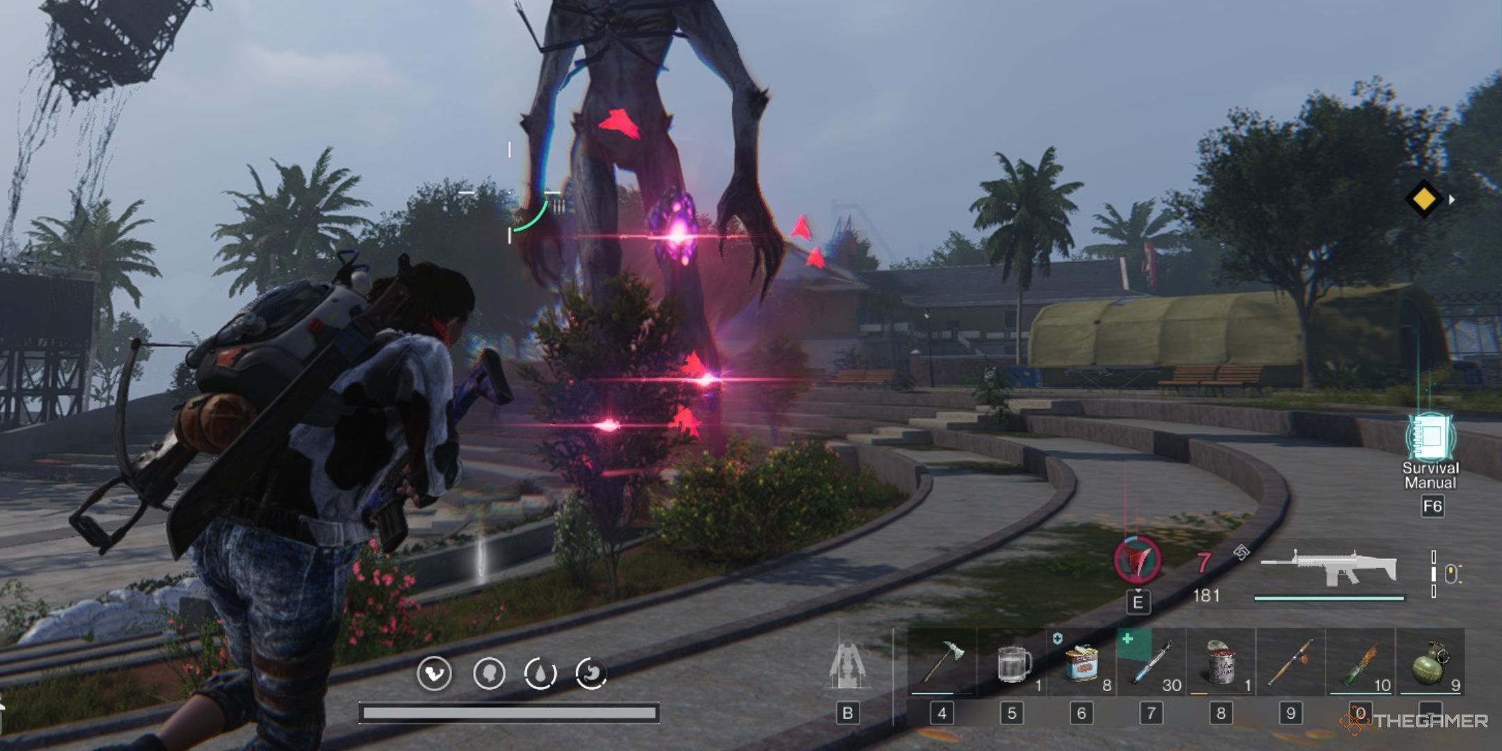 Player Facing Giant Deviant With Pink Weakspots in Once Human.