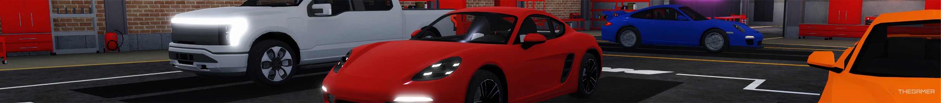 A red sports car sits in a parking garage in the Roblox game Drive World.