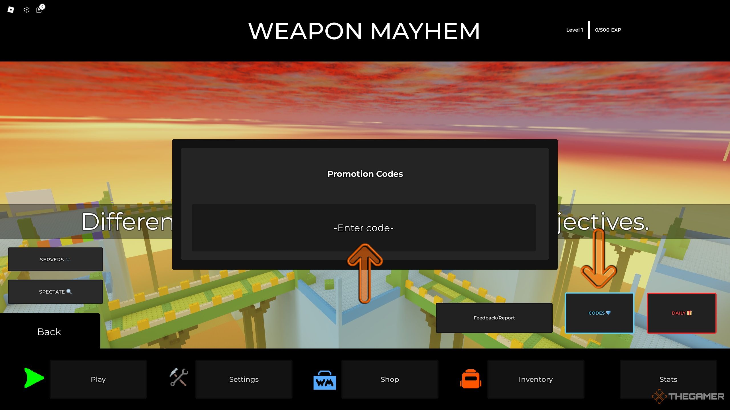 the codes box is open in Weapon Mayhem on Roblox