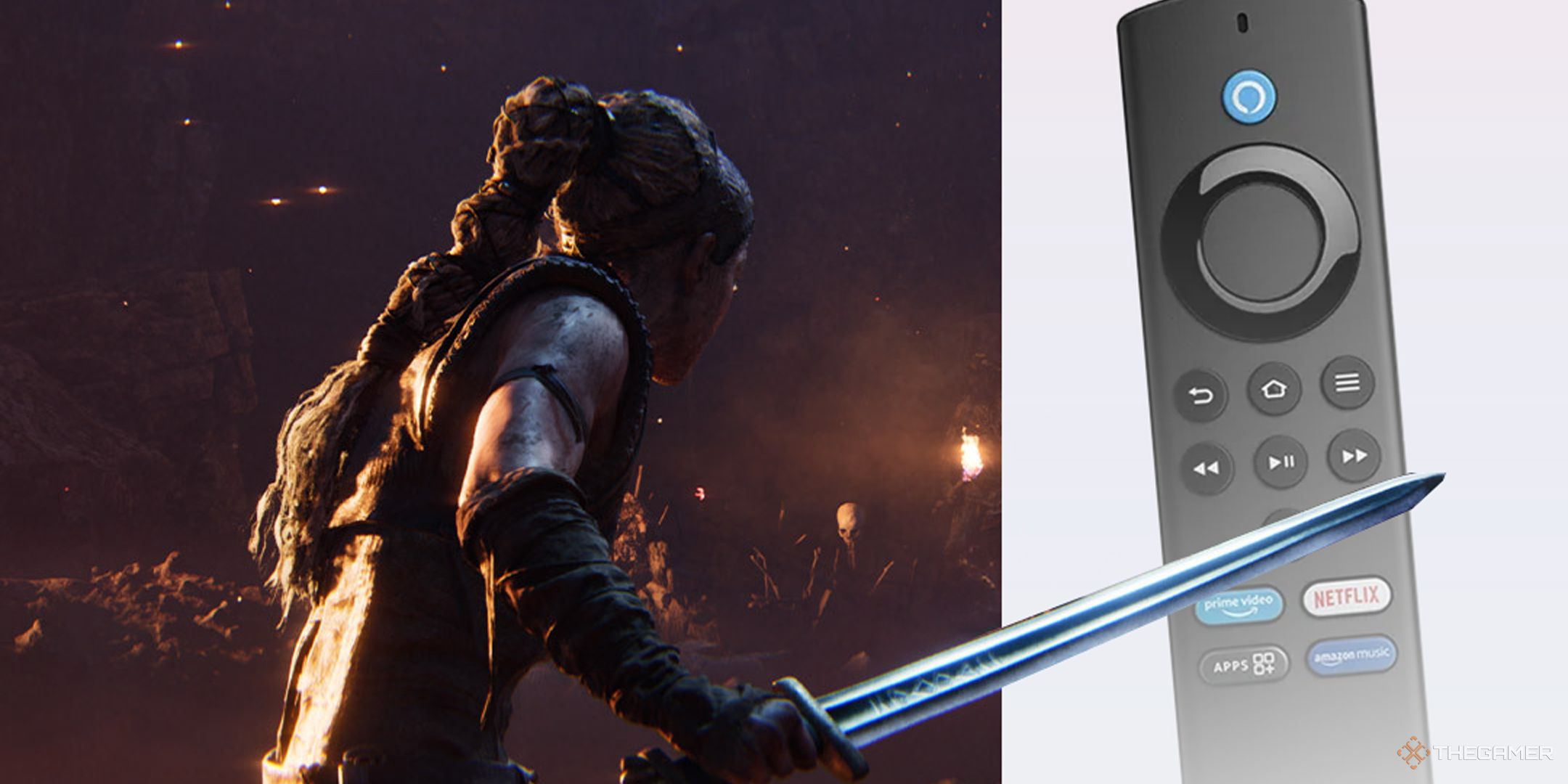 senua facing an amazon fire stick with her sword in hand
