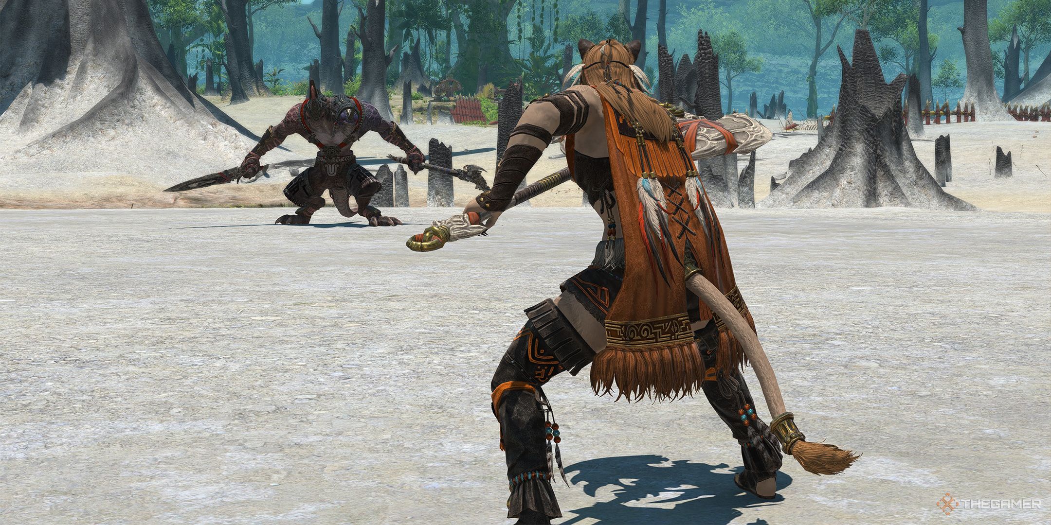 Wuk Lamat taking a stand against Bakool Ja Ja in Final Fantasy 14.