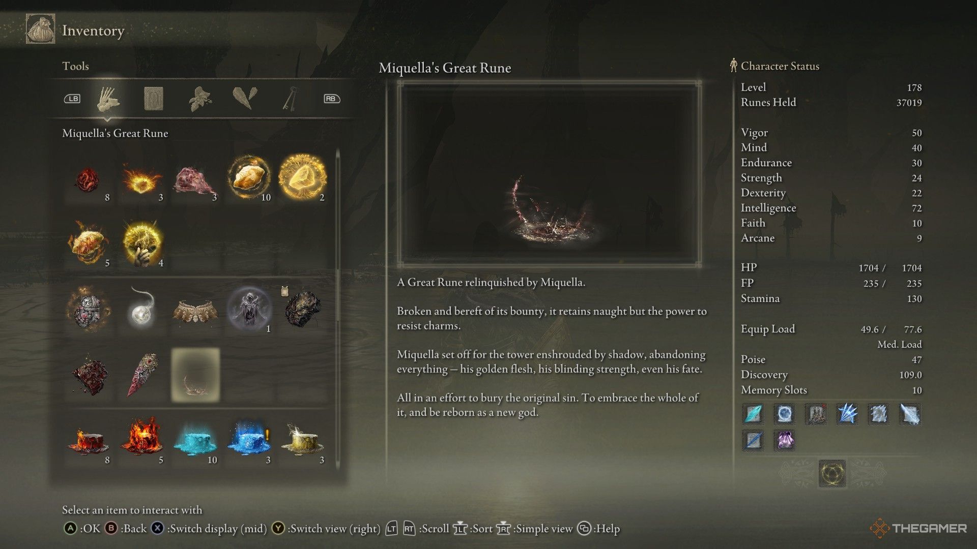 The description of Miquella's Great Rune is shown in the inventory.