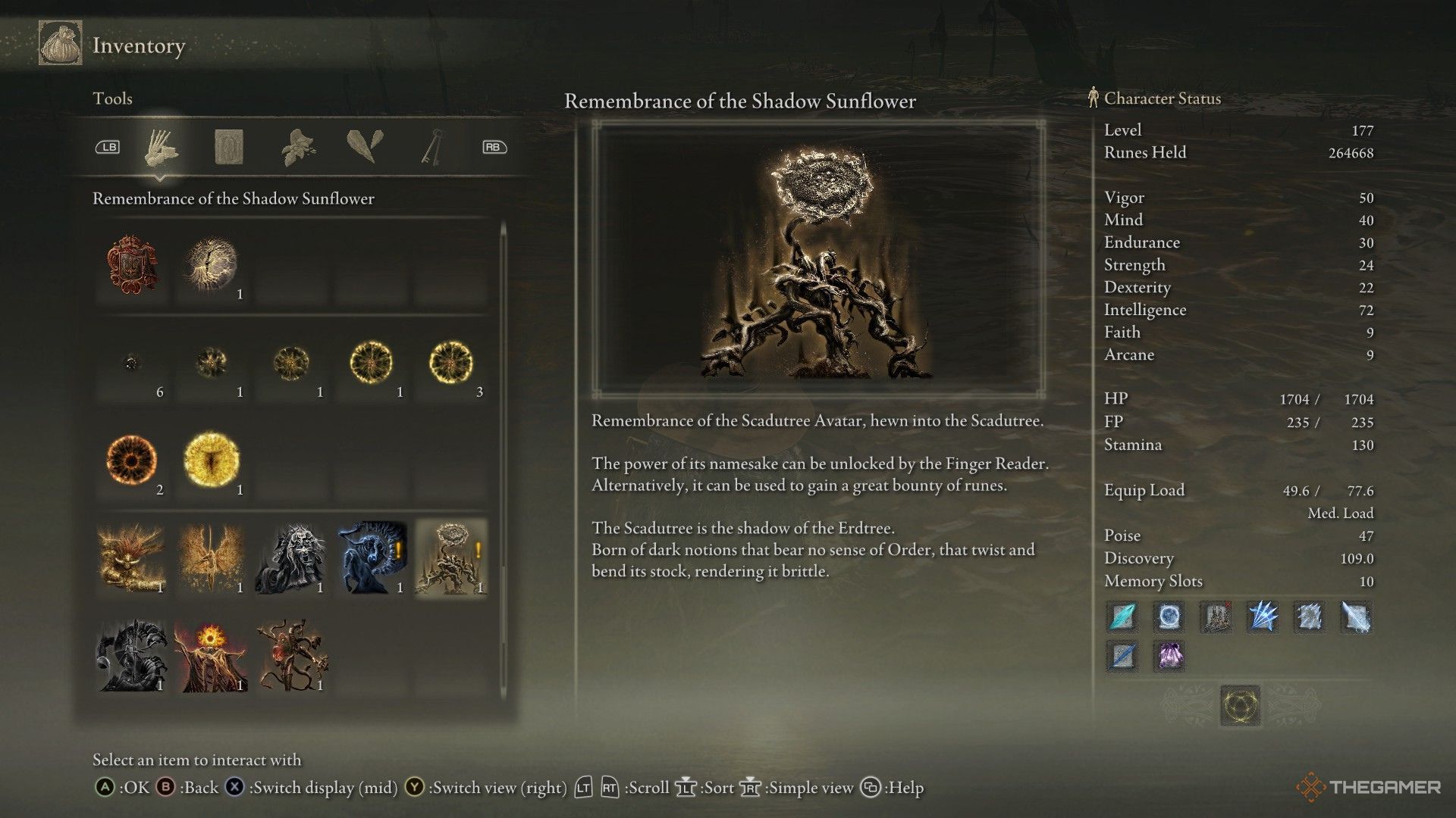 The description of the Remembrance of the Shadow Sunflower is shown in the inventory.