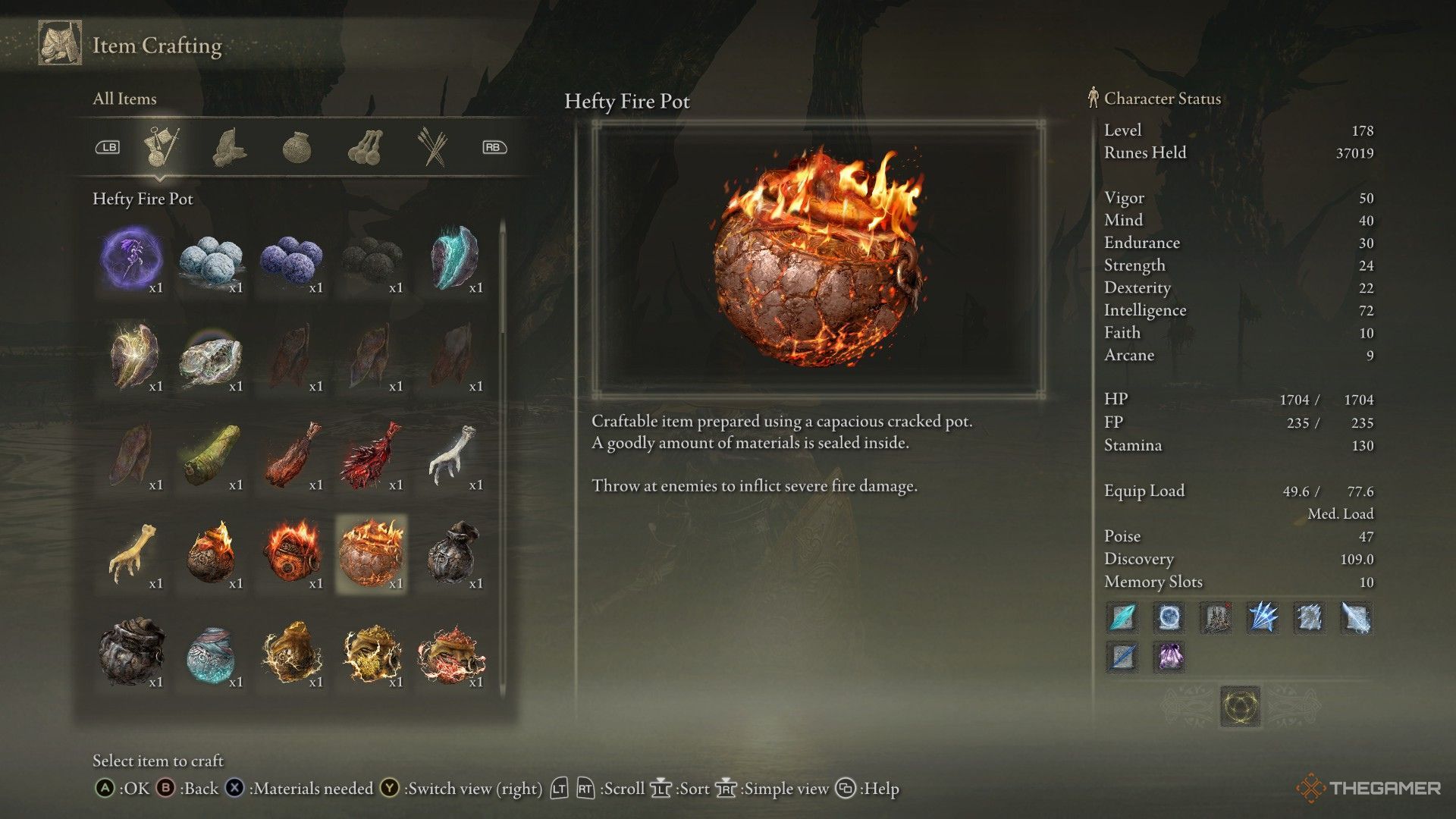 The item description of a Hefty Fire Pot is shown in the inventory.