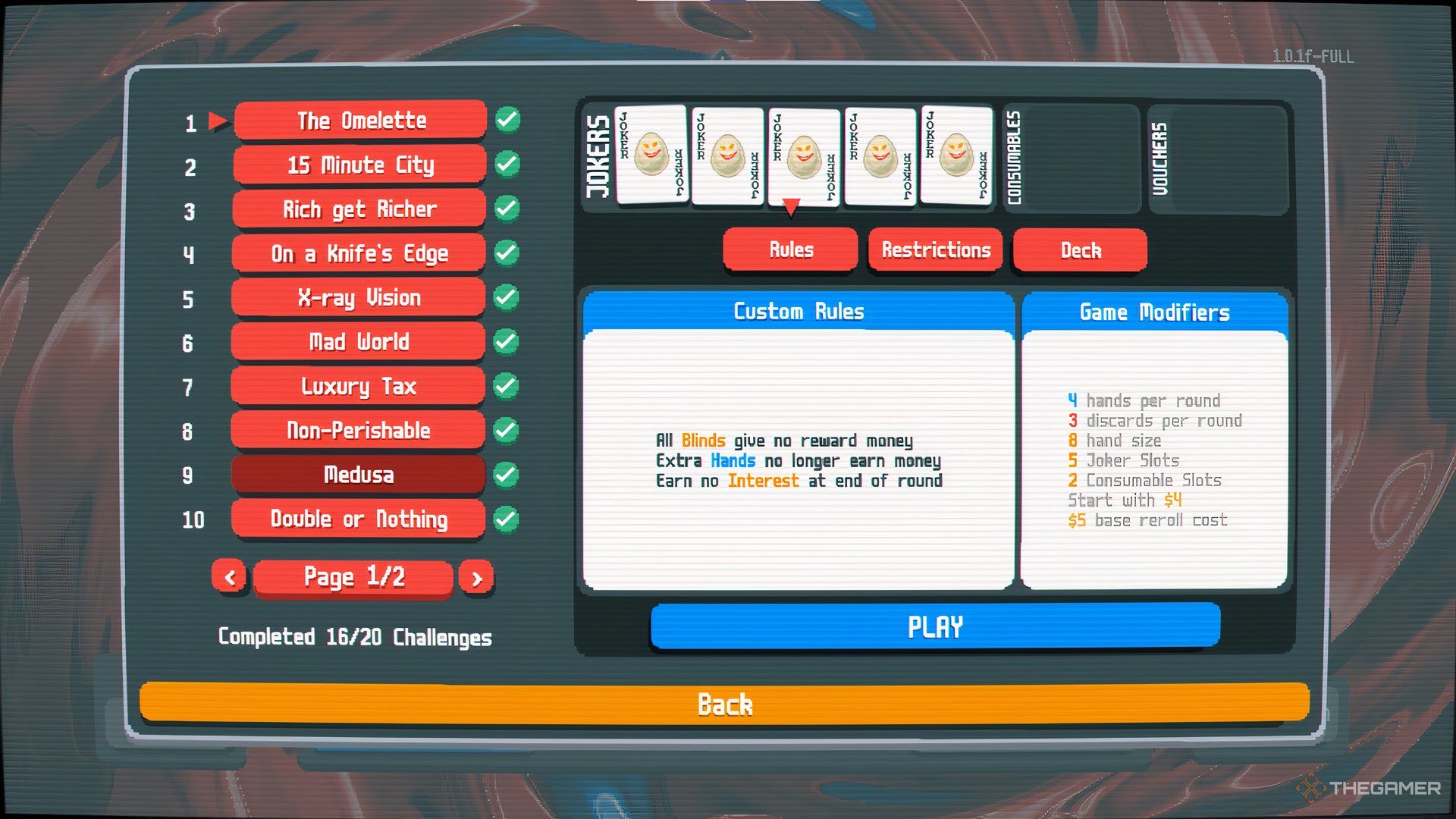 A screenshot of the Challenge Mode menu selection in Balatro, highlighting the challenge The Omelette.
