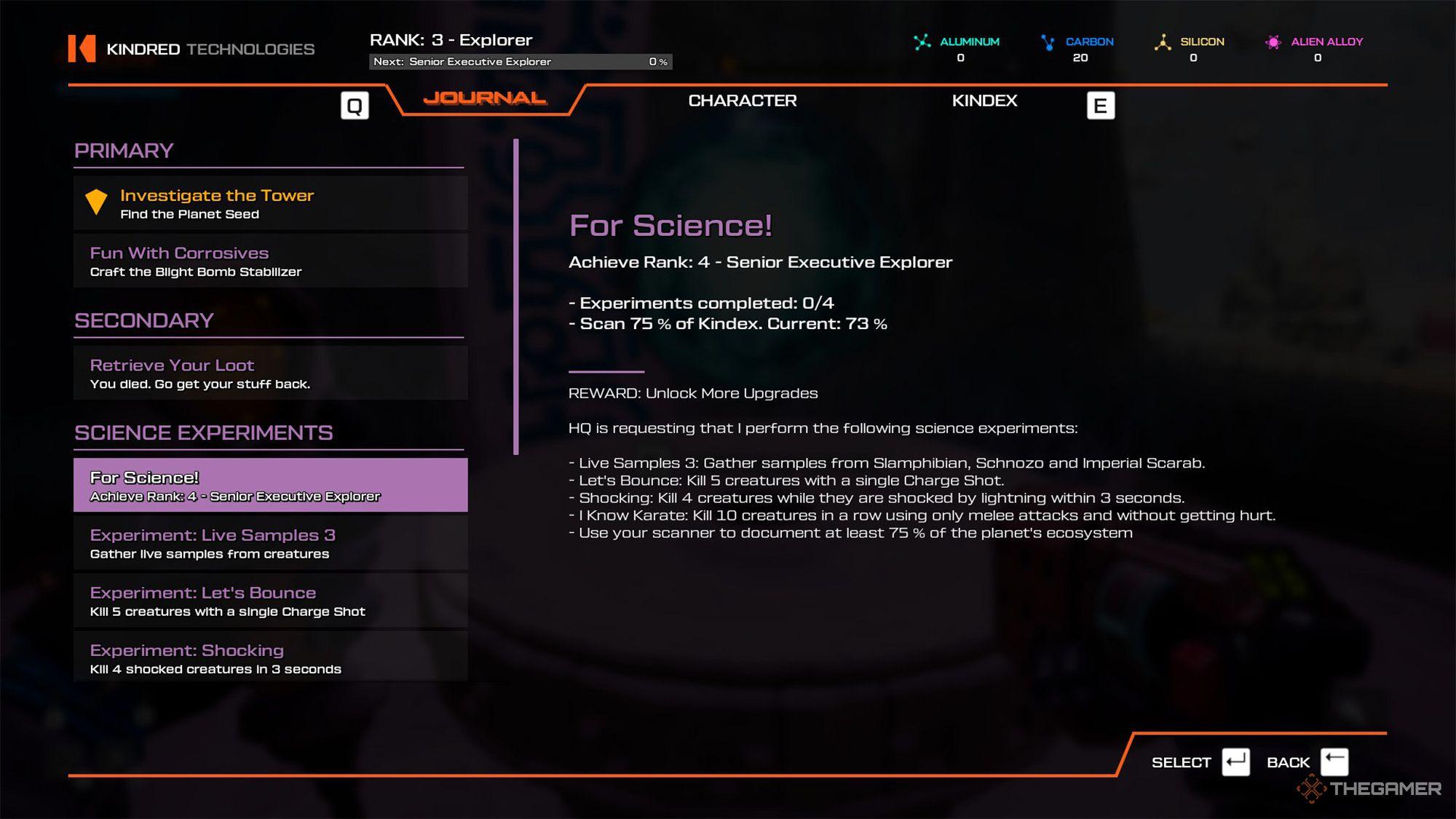 The player is checking his progress for the Science Experiment quest in Journey To The Savage Planet.