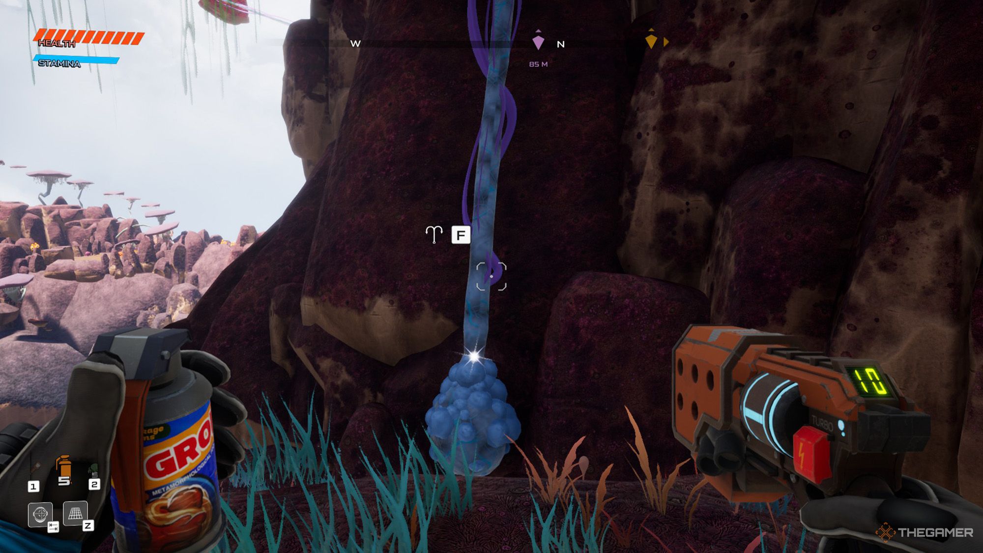 The player is standing in front of a vertical grapple rail plant in Journey To The Savage Planet.