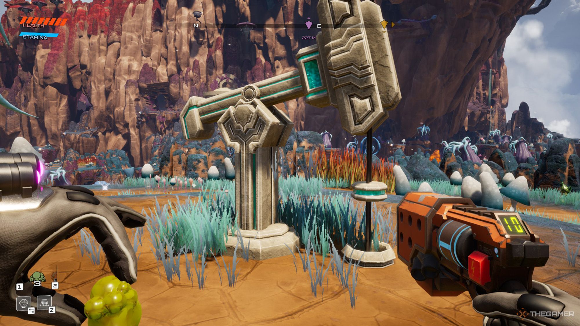 The player is standing in front of an alien pumpjack in Journey To The Savage Planet.