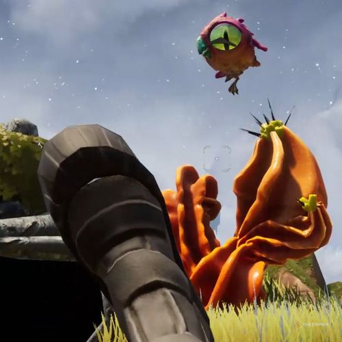 The player kicks a Pufferbird, sending it into the air in Journey To The Savage Planet.