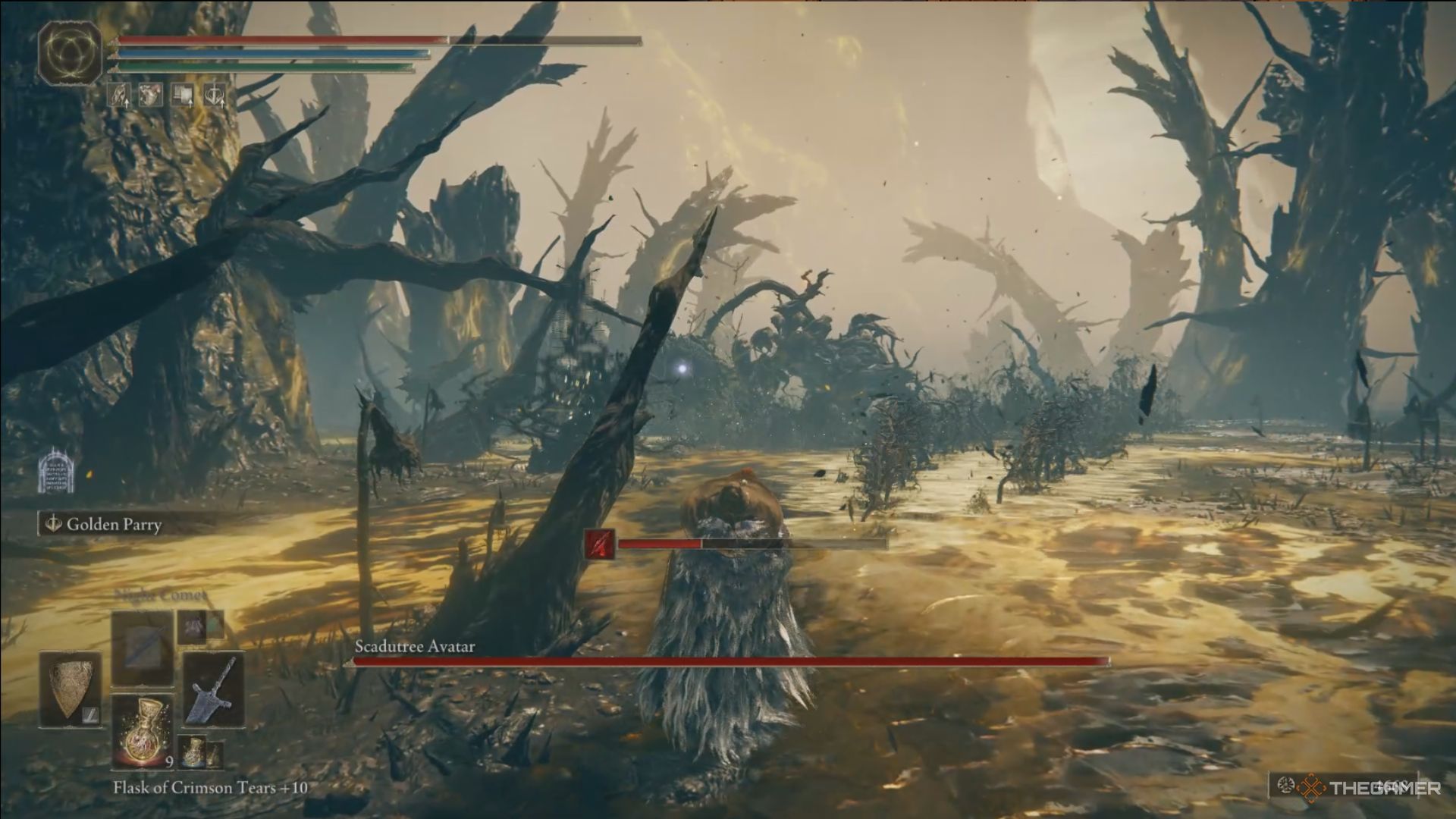 The Scadutree Avatar is attacking the Tarnished with thorns.