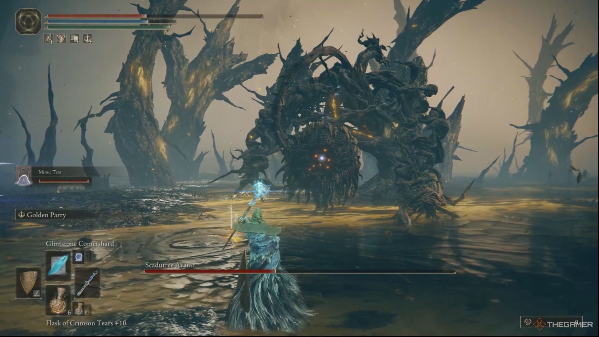 The Tarnished is fighting against the Scadutree Avatar.
