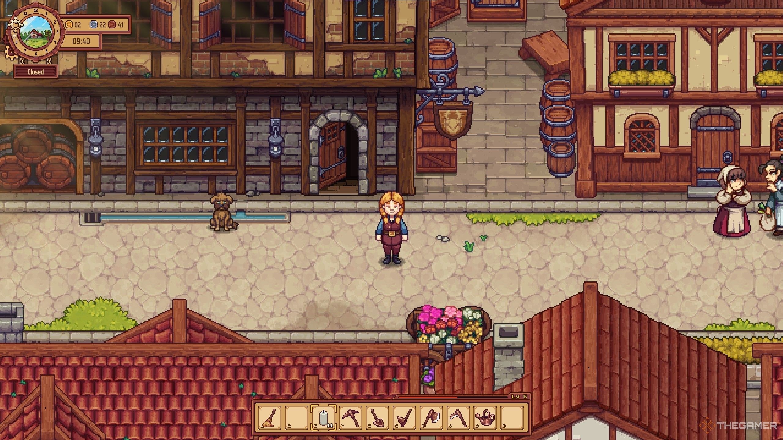 Travellers Rest avatar inside the town tavern with Amos, the tavernkeeper.