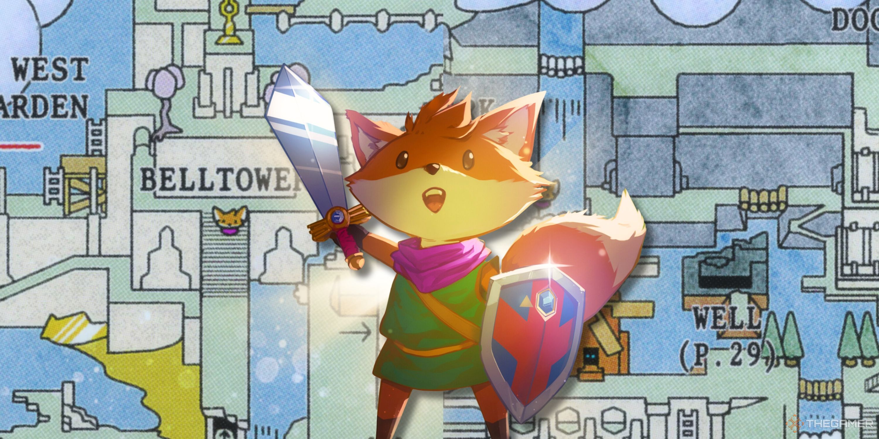 Collage image featuring the map from Tunic and the main fox character holding a sword and shield