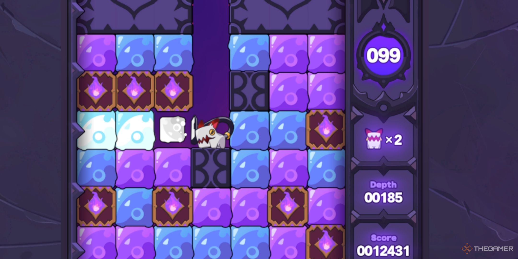 The hound is attacking the colored blocks around him to dig deeper.