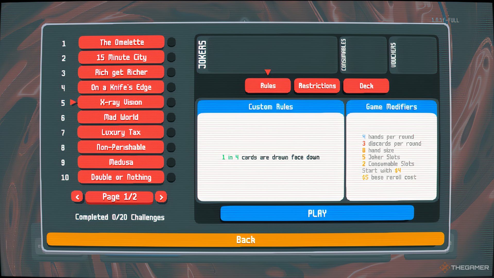 A screenshot of the Challenge Mode menu selection in Balatro, highlighting the challenge X-ray Vision.