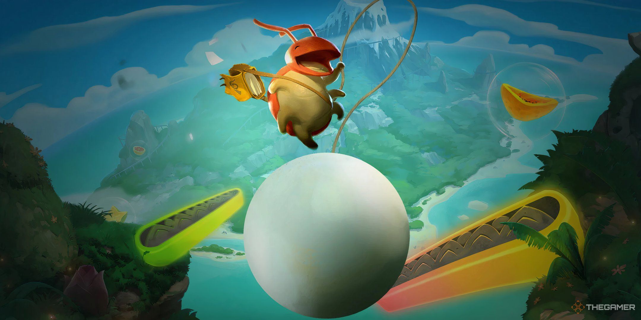 Yoku rolls on a little ball in Yoku's Island Express.