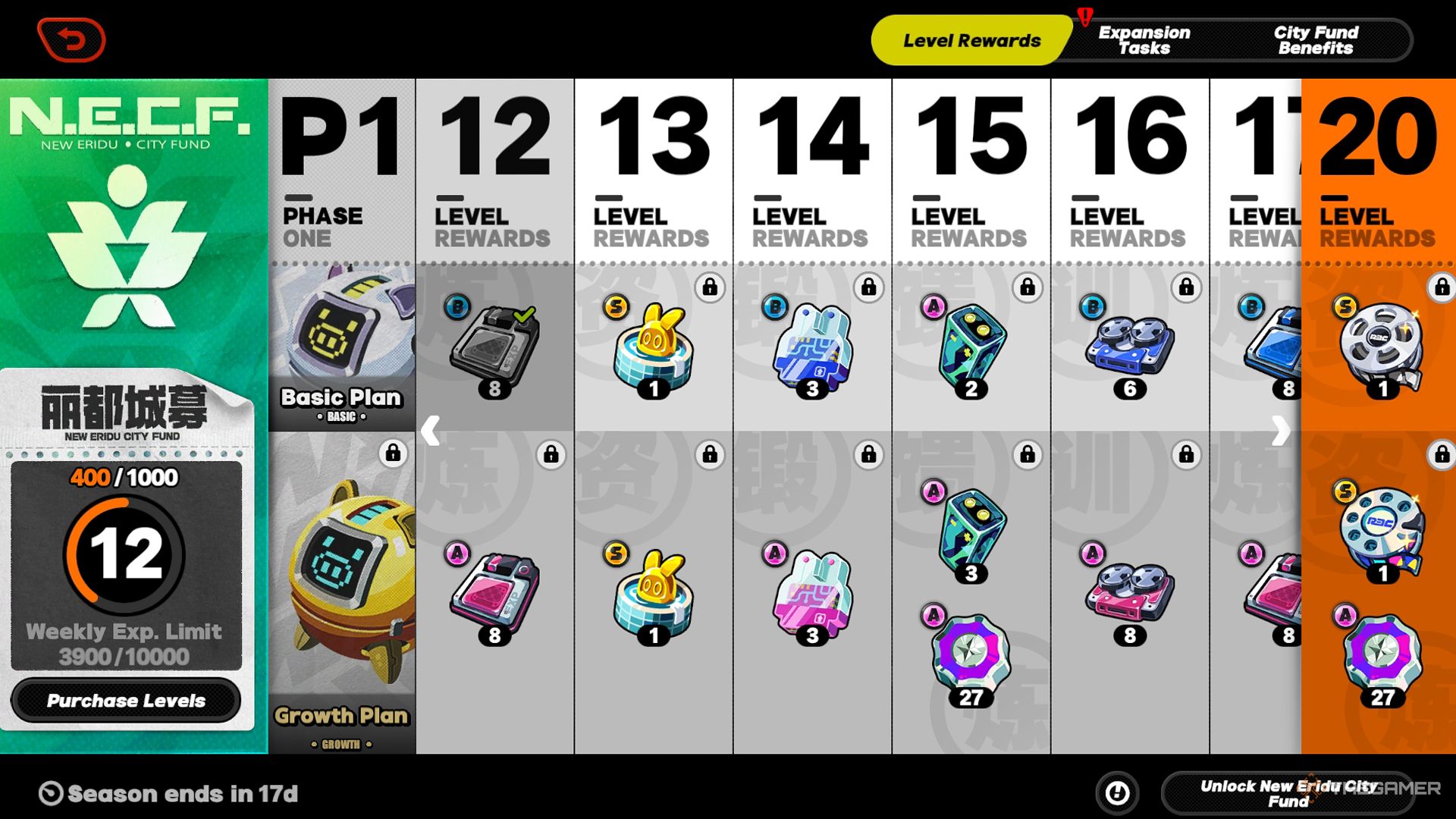 Zenless Zone Zero the New Eridu City Fund evel rewards menu, including enhancement materials and boopons.