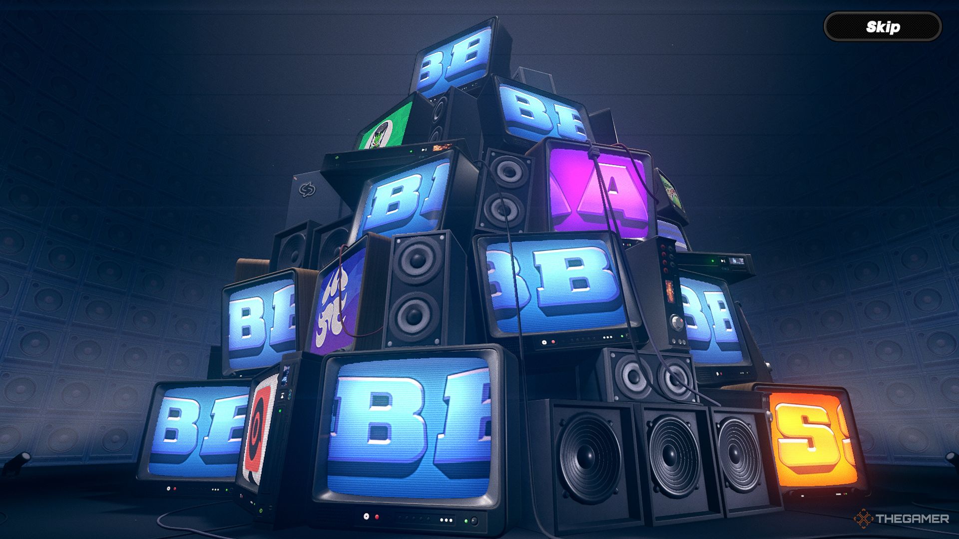 Zenless Zone Zero tv monitors stacked up displaying different letters.