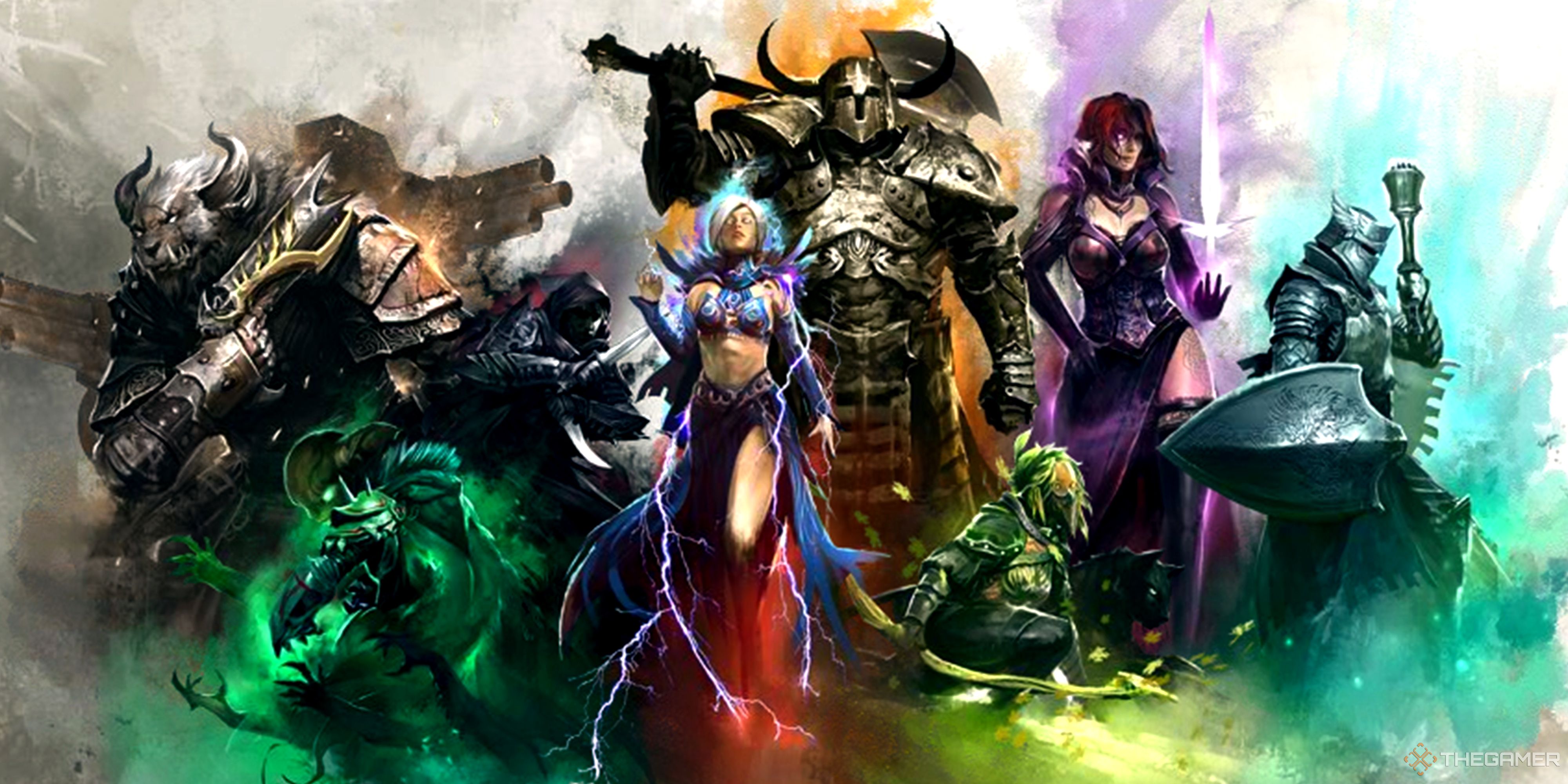 Official art of each of the nine professions in Guild Wars 2.