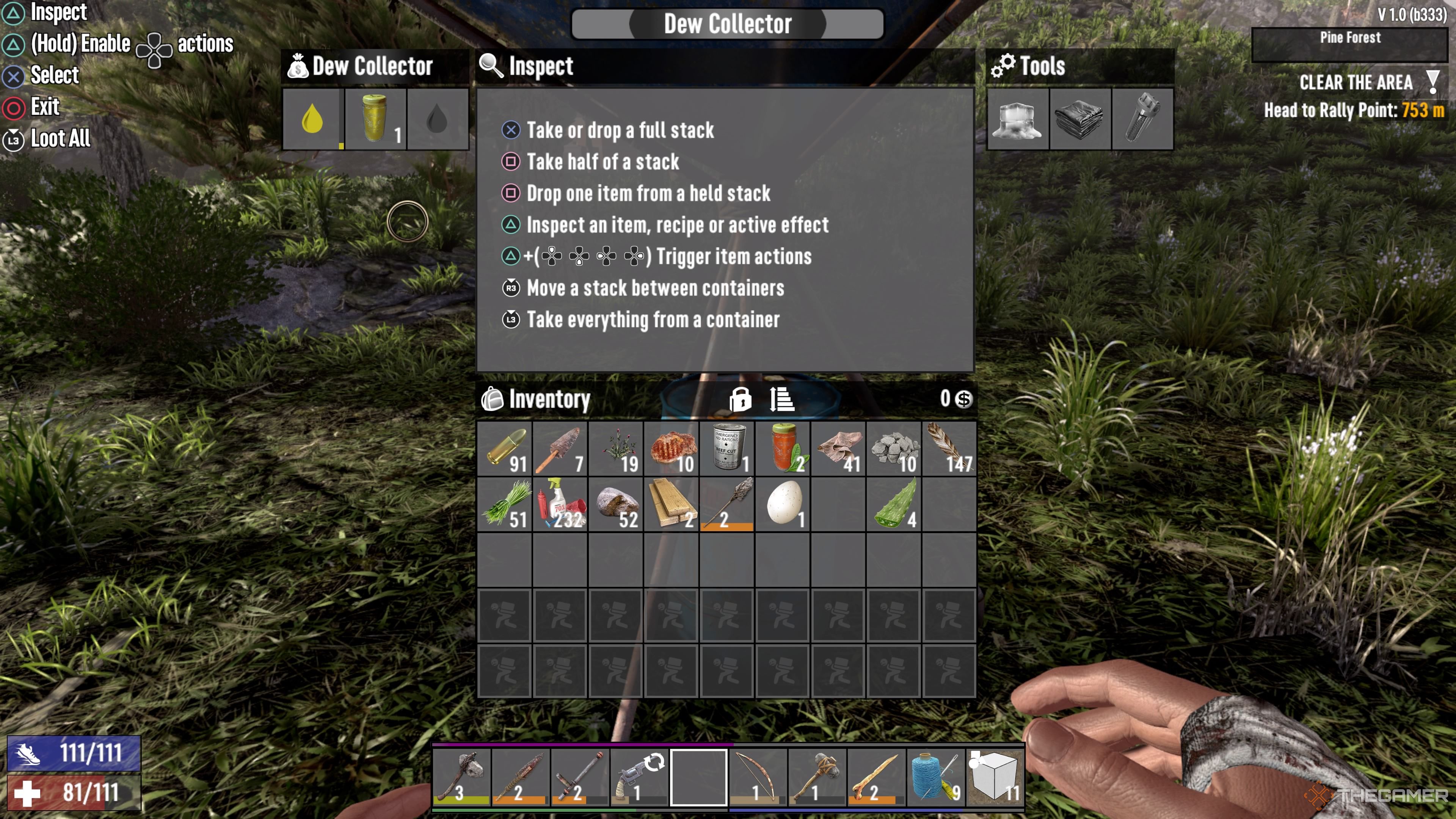 Player character checking on a Dew Collector and about to take one Murky Water from it in 7 Days To Die.