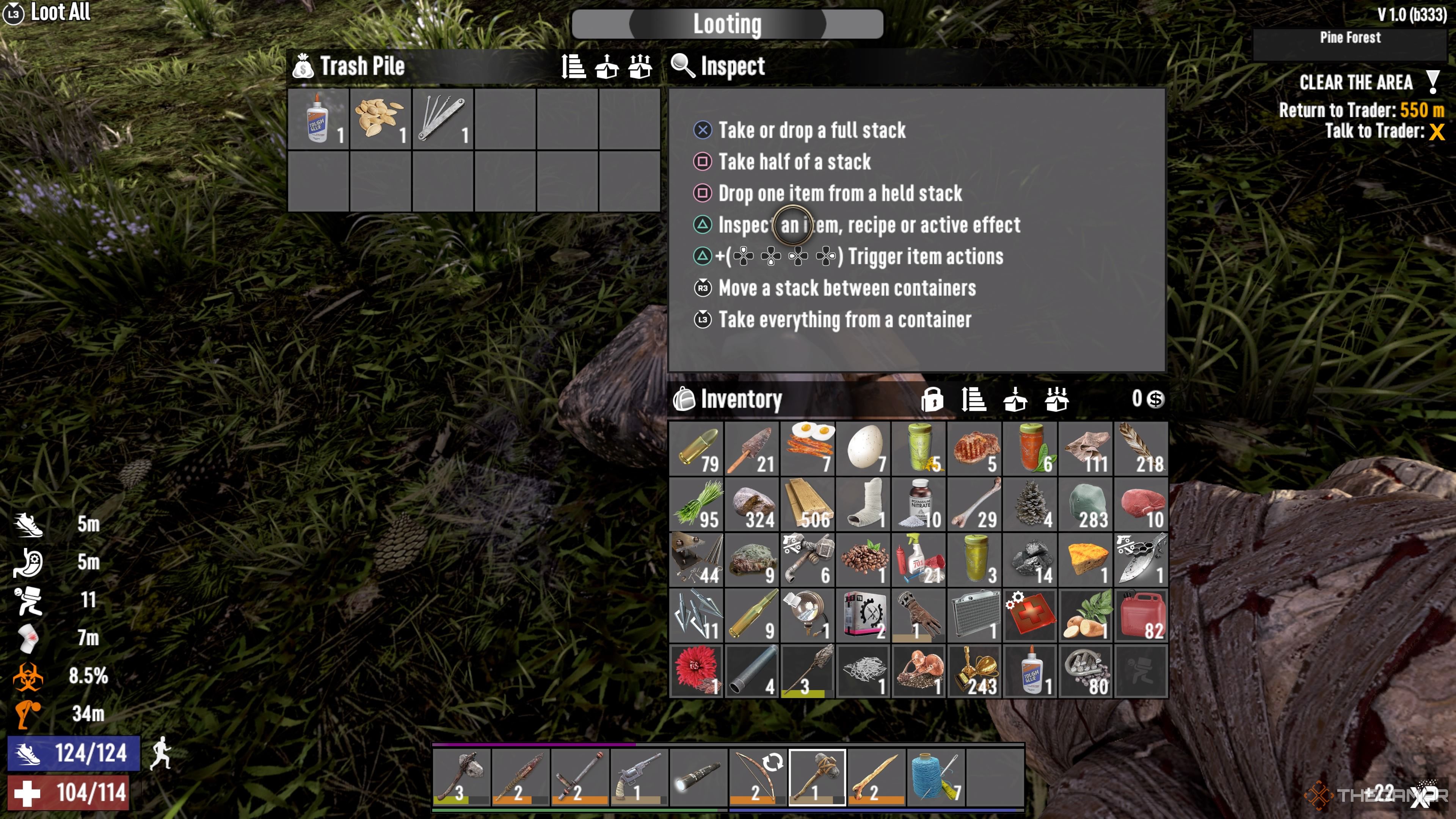Player character finding Glue and some other items in a trash pile on the ground in 7 Days To Die.