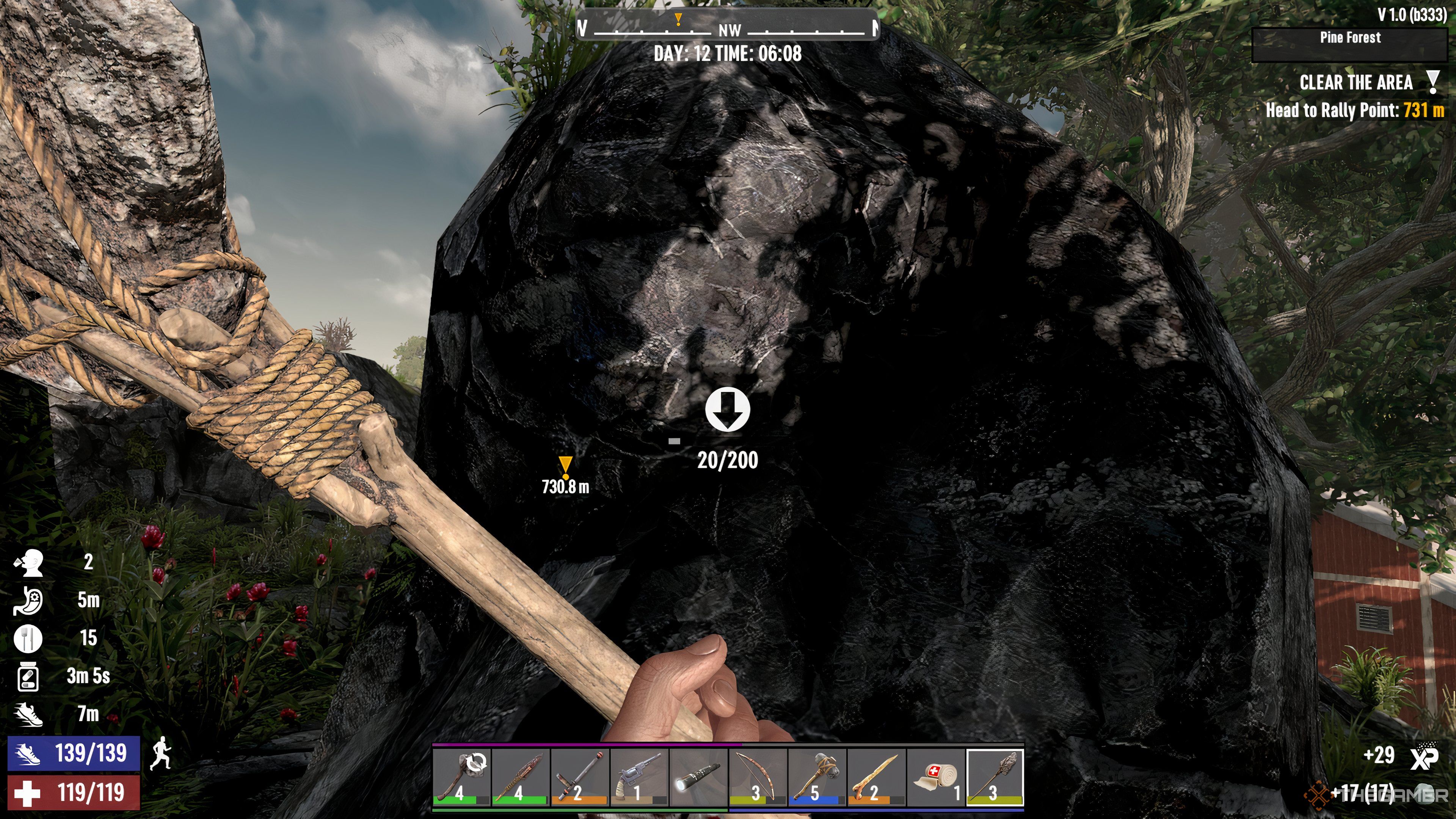 Player character using a Stone Shovel to dig Clay Soil up from the ground in 7 Days To Die.