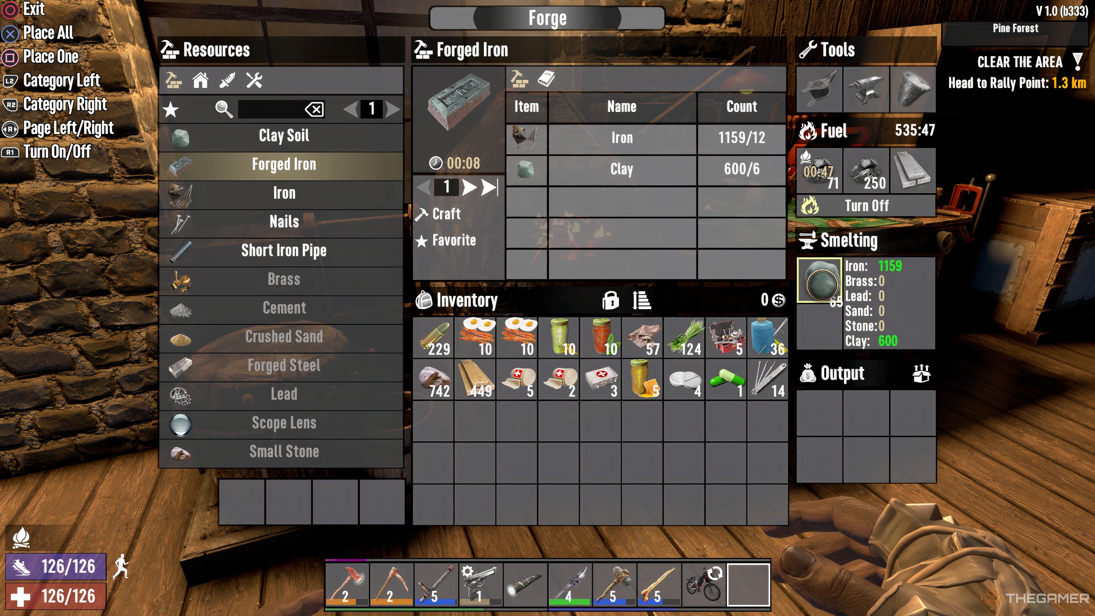 Player character putting Clay Soil into a Forge to smelt in 7 Days To Die. 