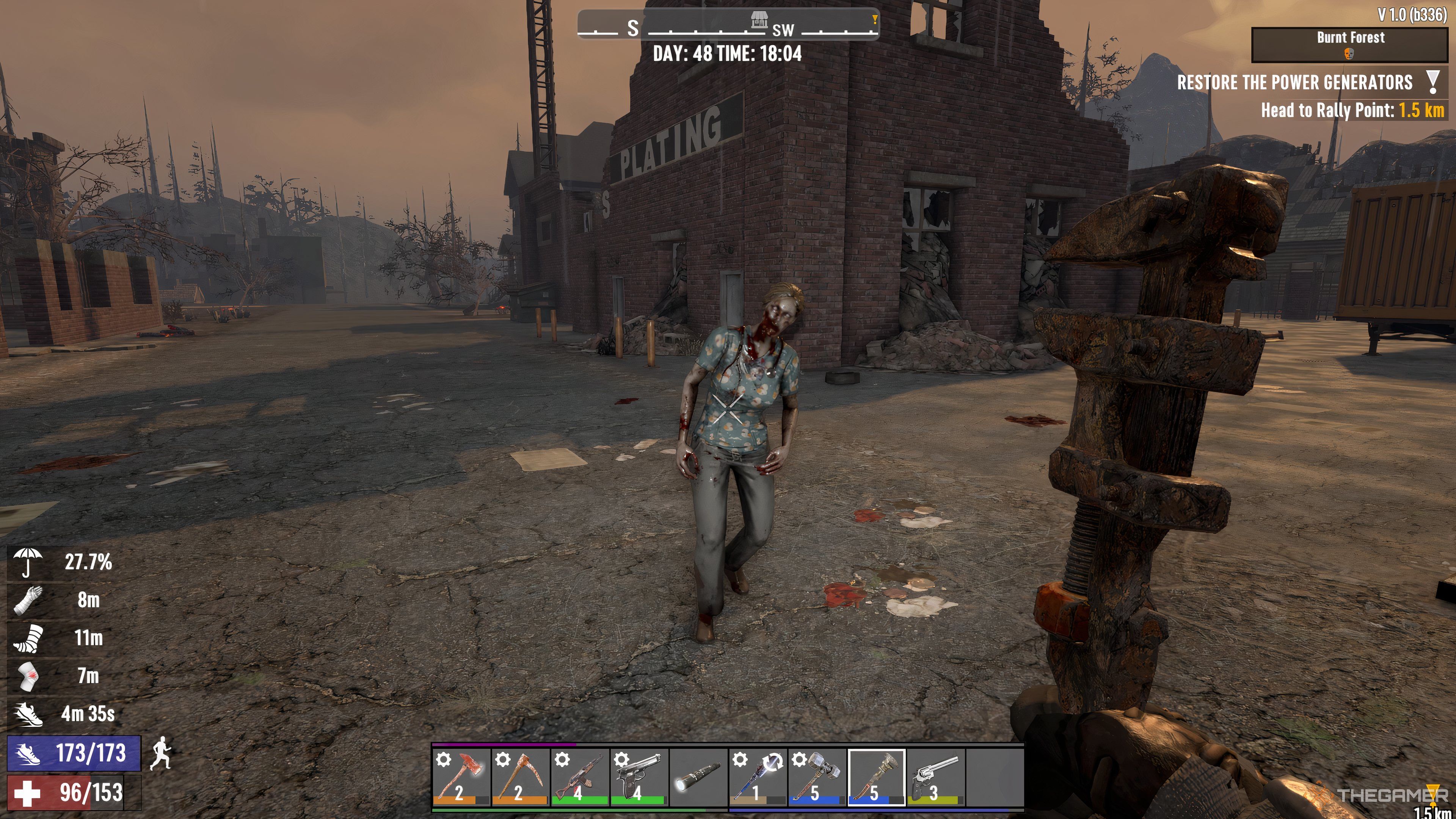 Player character preparing to fight a Nurse Zombie with a Wrench in 7 Days To Die.