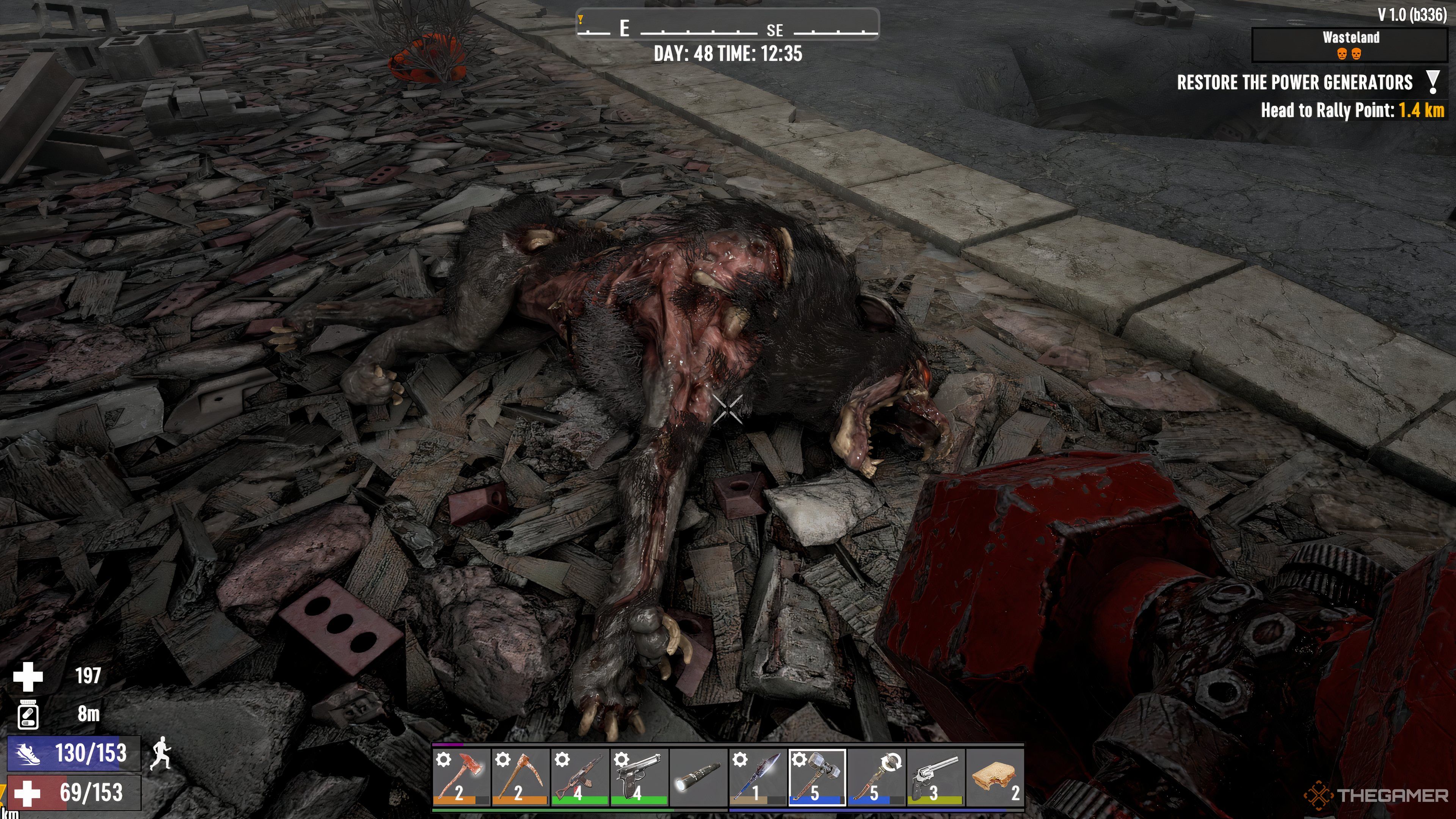 Player character holding a Sledgehammer and looking down at a dead Zombie Wolf in 7 Days To Die.