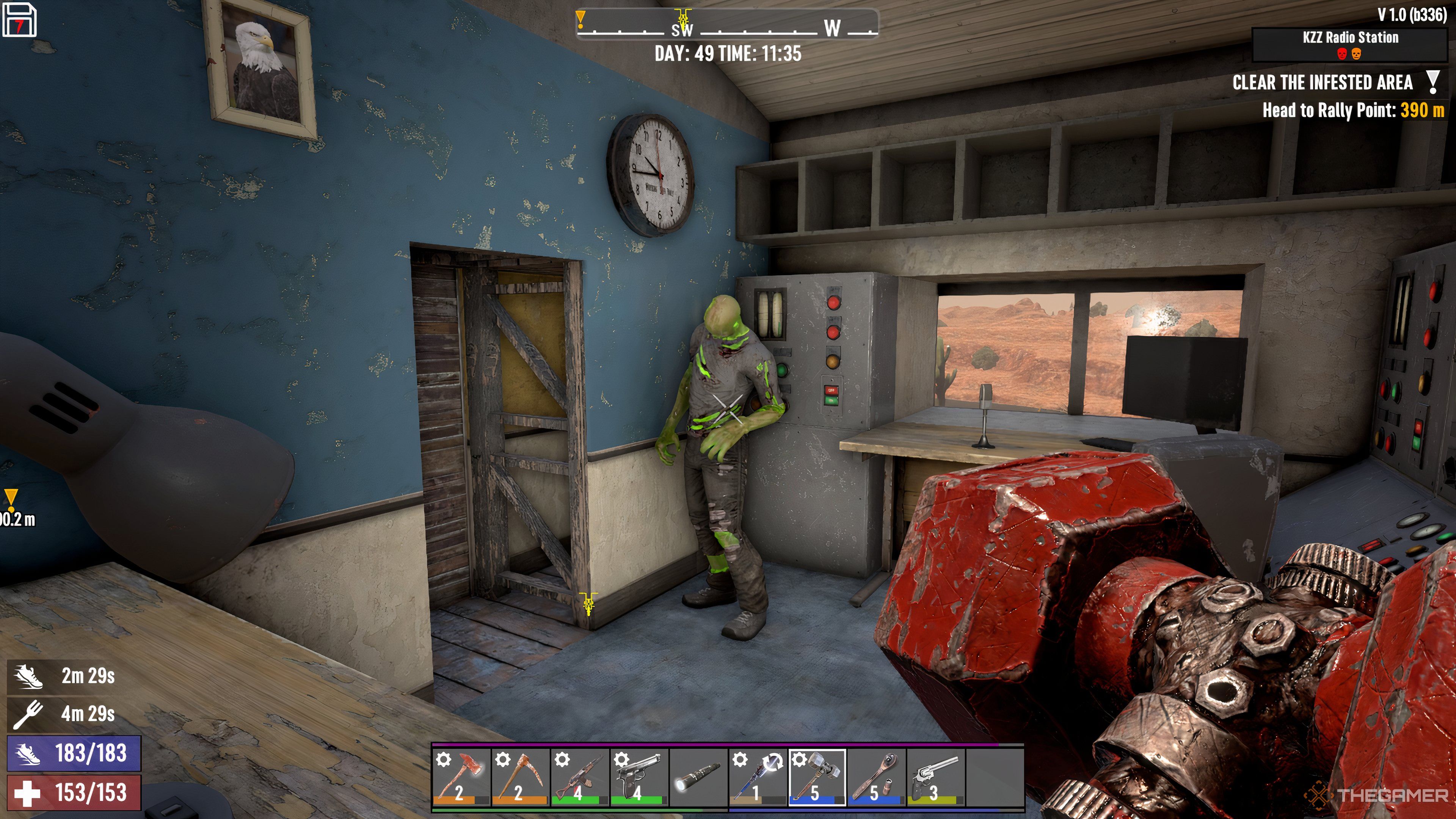 Player character approaching an idle Radiated normal Zombie in a room in 7 Days To Die.