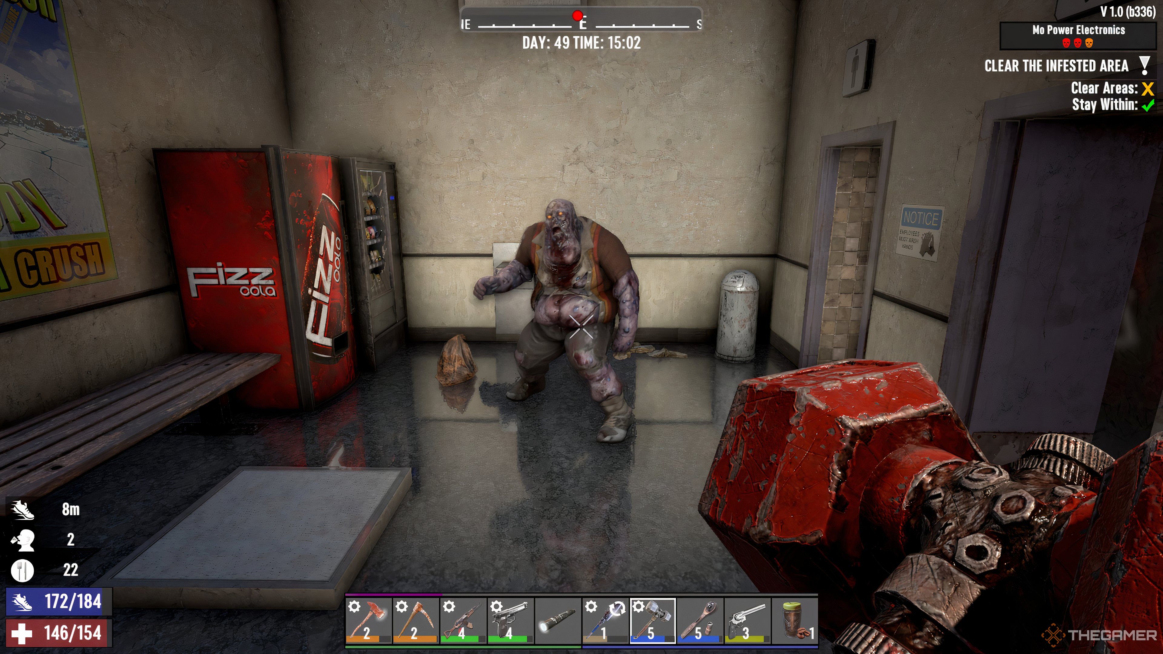 Player character encountering a Feral Armored Zombie in a building in 7 Days To Die.