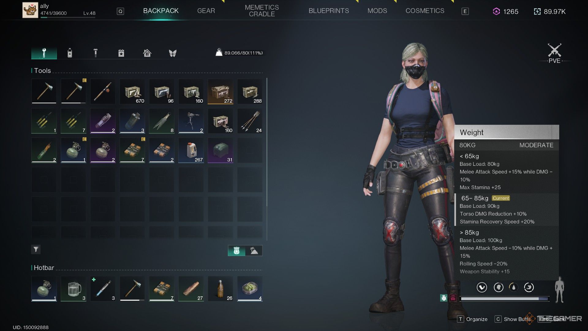 A screenshot showing a Once Human character in the inventory view.