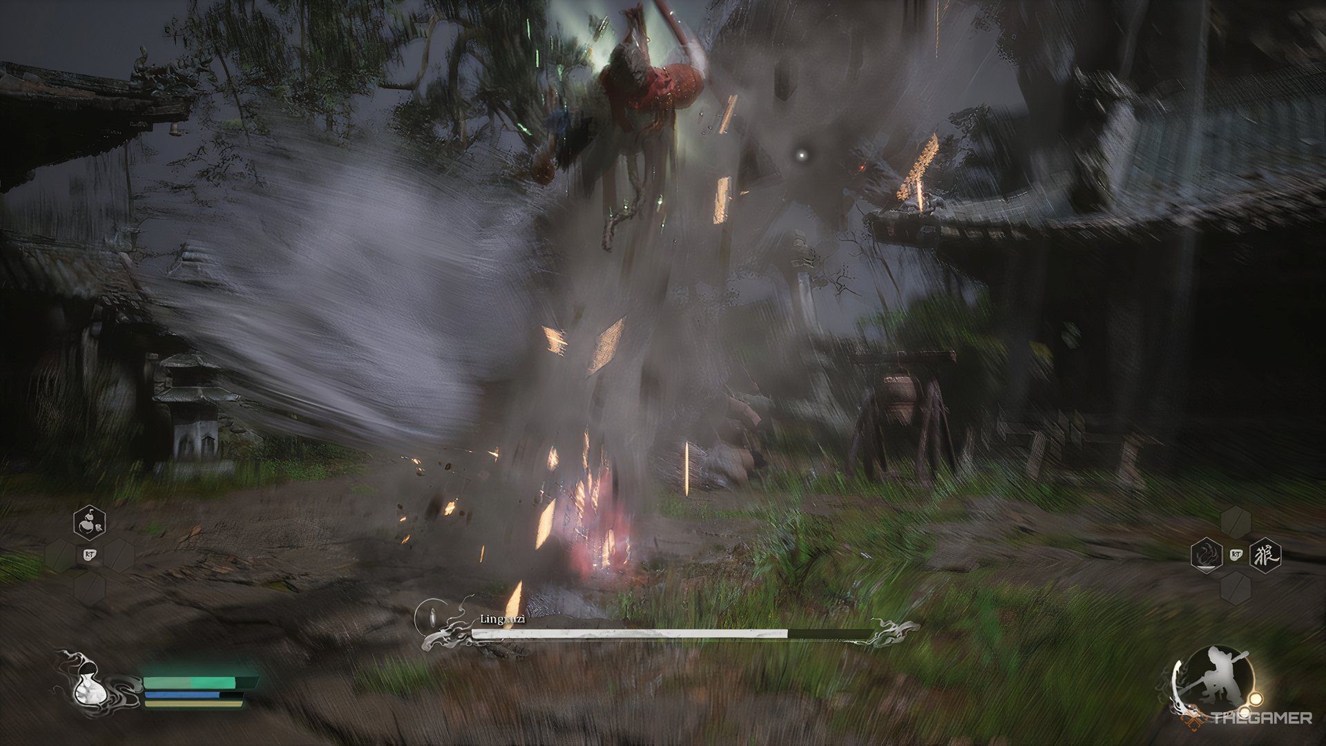 Lingxuzi catchesthe player in a grab during a flurry of motion in Black Myth: Wukong.
