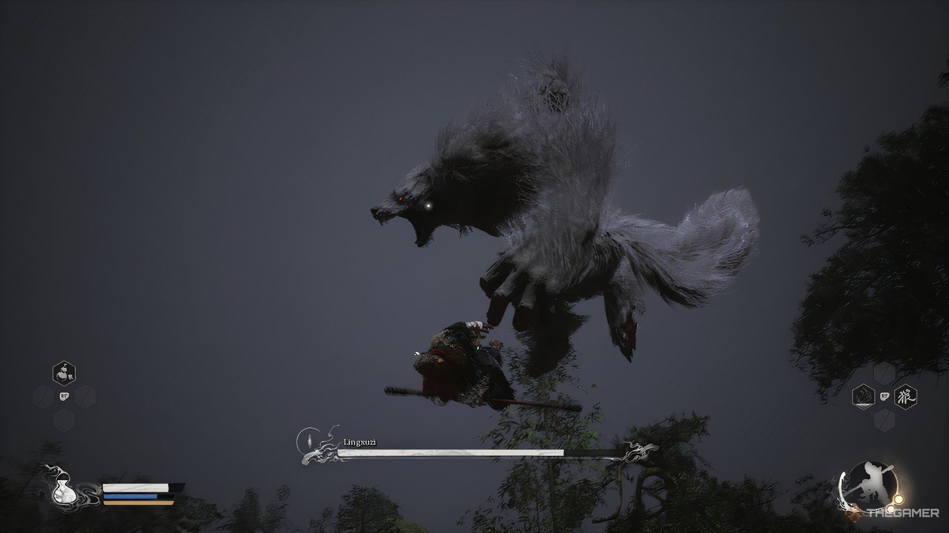 Lingxuzi grabs the player and prepares to slam them back into the ground in Black Myth: Wukong.