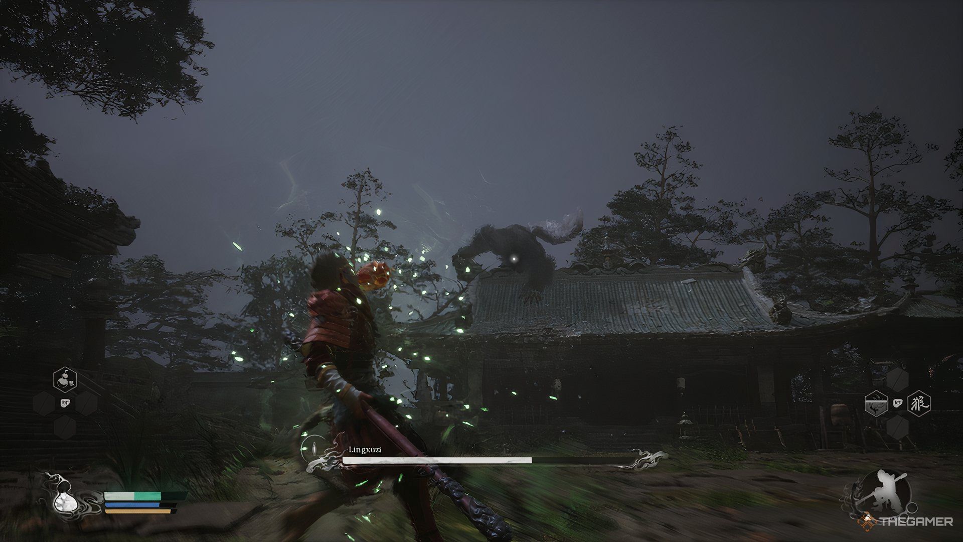 Wukong drinks from his gourd to restore health as Lingxuzi prowls on the rooftops in Black Myth: Wukong.