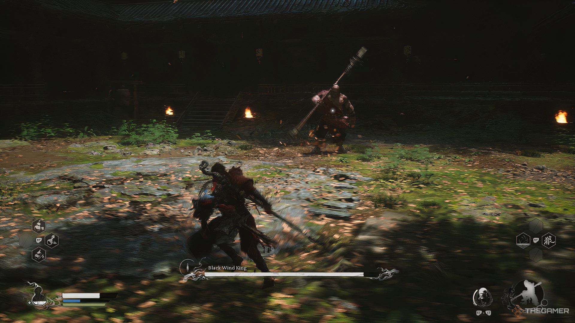 Wukong sprints in the arena around the Black Wind King in Black Myth: Wukong.